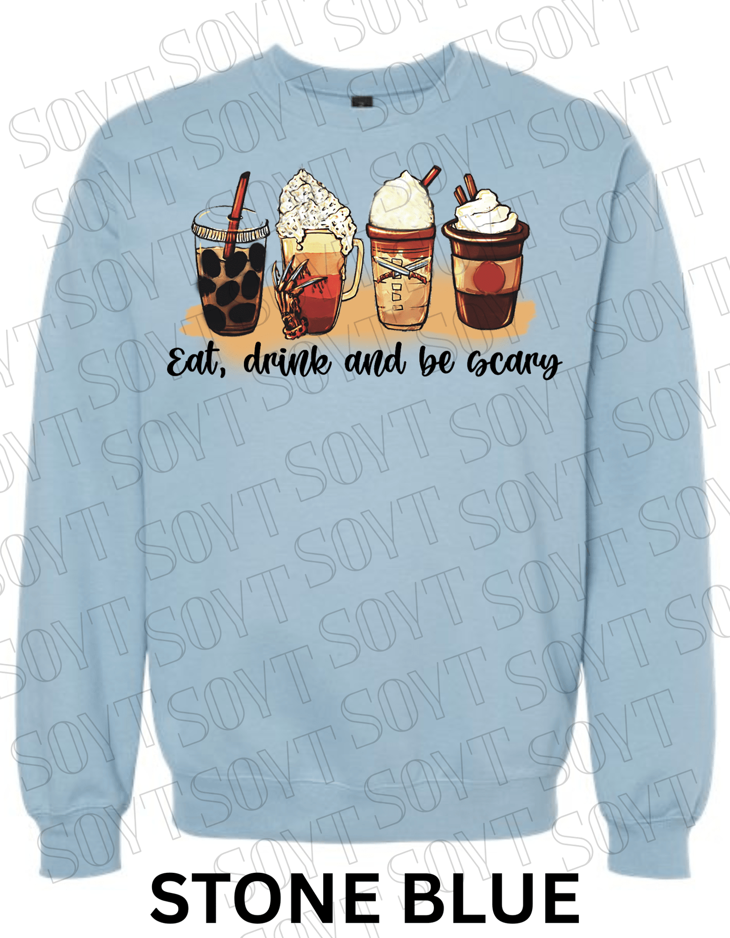 Eat, Drink and Be Scary Halloween Sweatshirt – Fall Coffee Cup Graphic Pullover - Festive Apparel StoreStone Blue