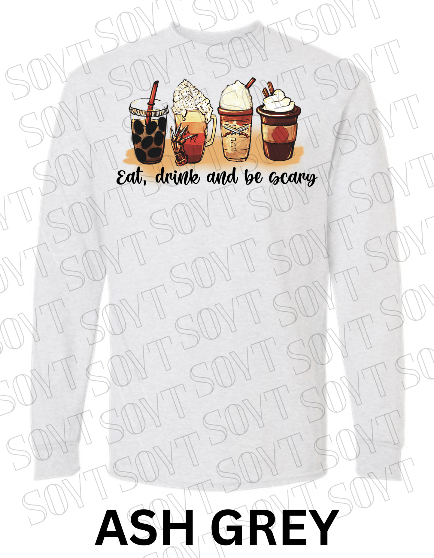 Eat, Drink and Be Scary Long Sleeve Shirt – Halloween Fall Coffee & Drink Graphic - Festive Apparel StoreAsh Gray