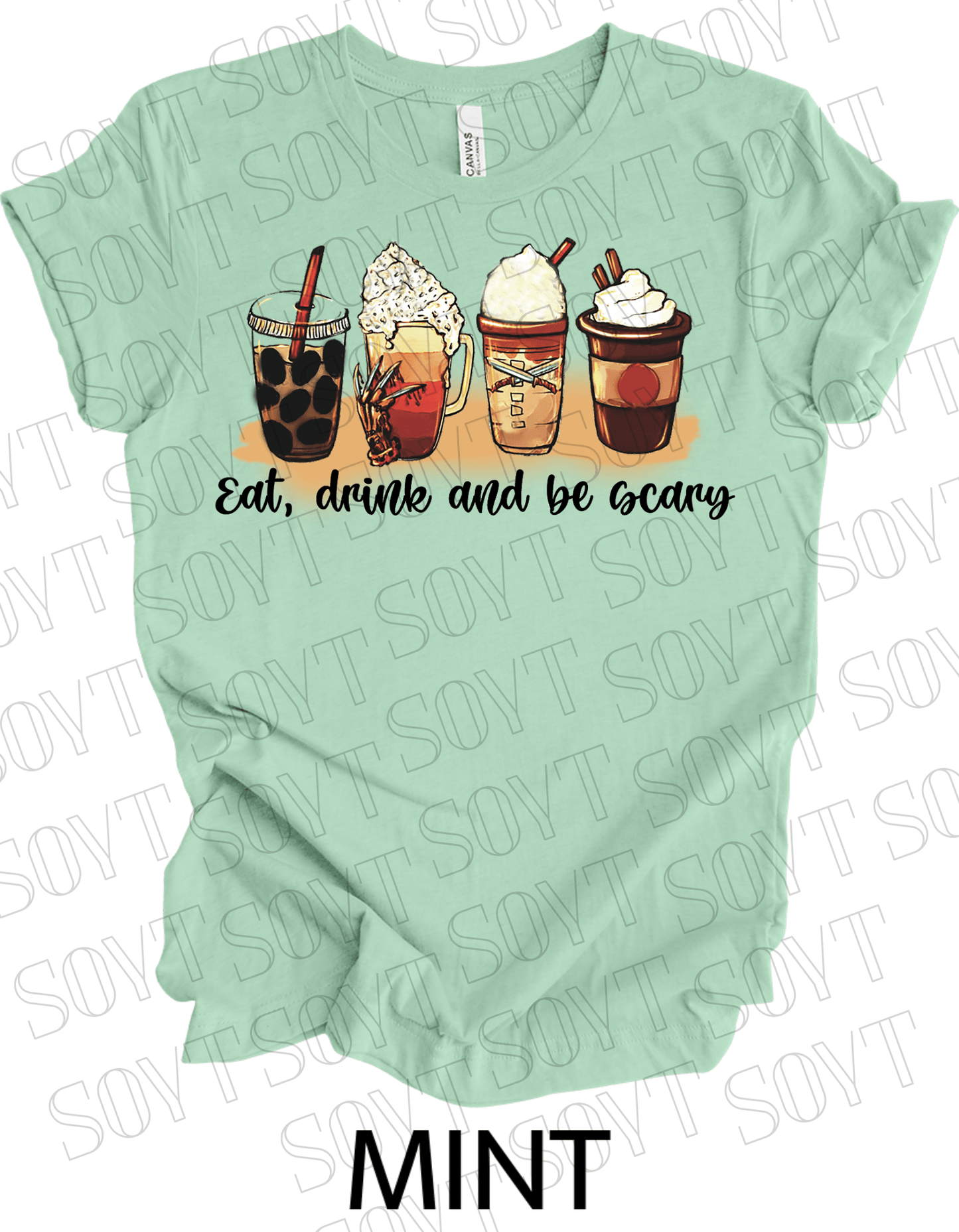 Eat, Drink and Be Scary T-Shirt – Halloween Iced Coffee & Fall Drink Graphic Tee - Festive Apparel StoreMint