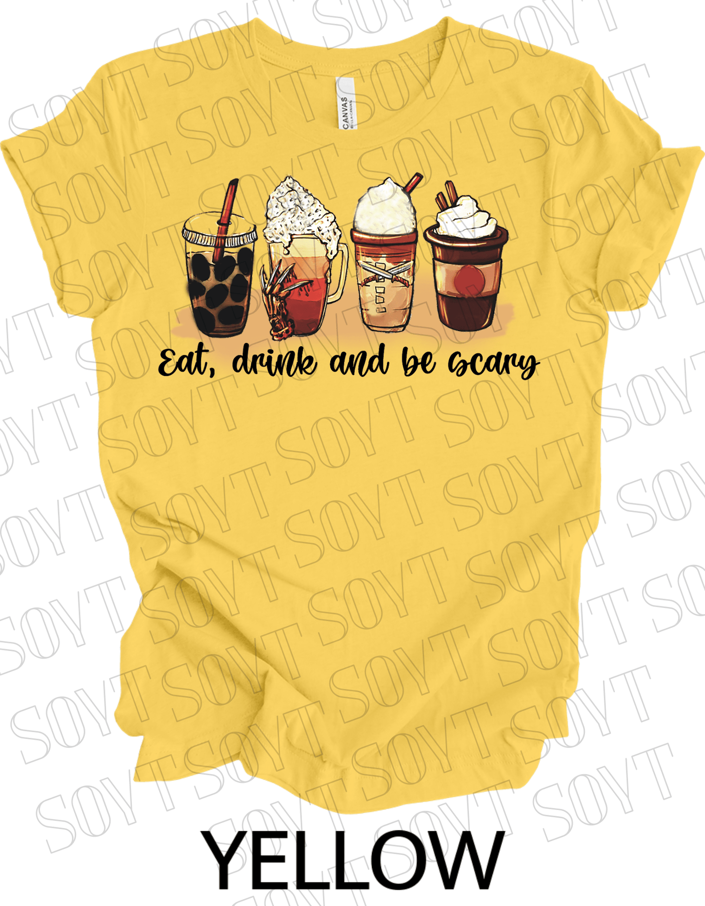 Eat, Drink and Be Scary T-Shirt – Halloween Iced Coffee & Fall Drink Graphic Tee - Festive Apparel StoreYellow