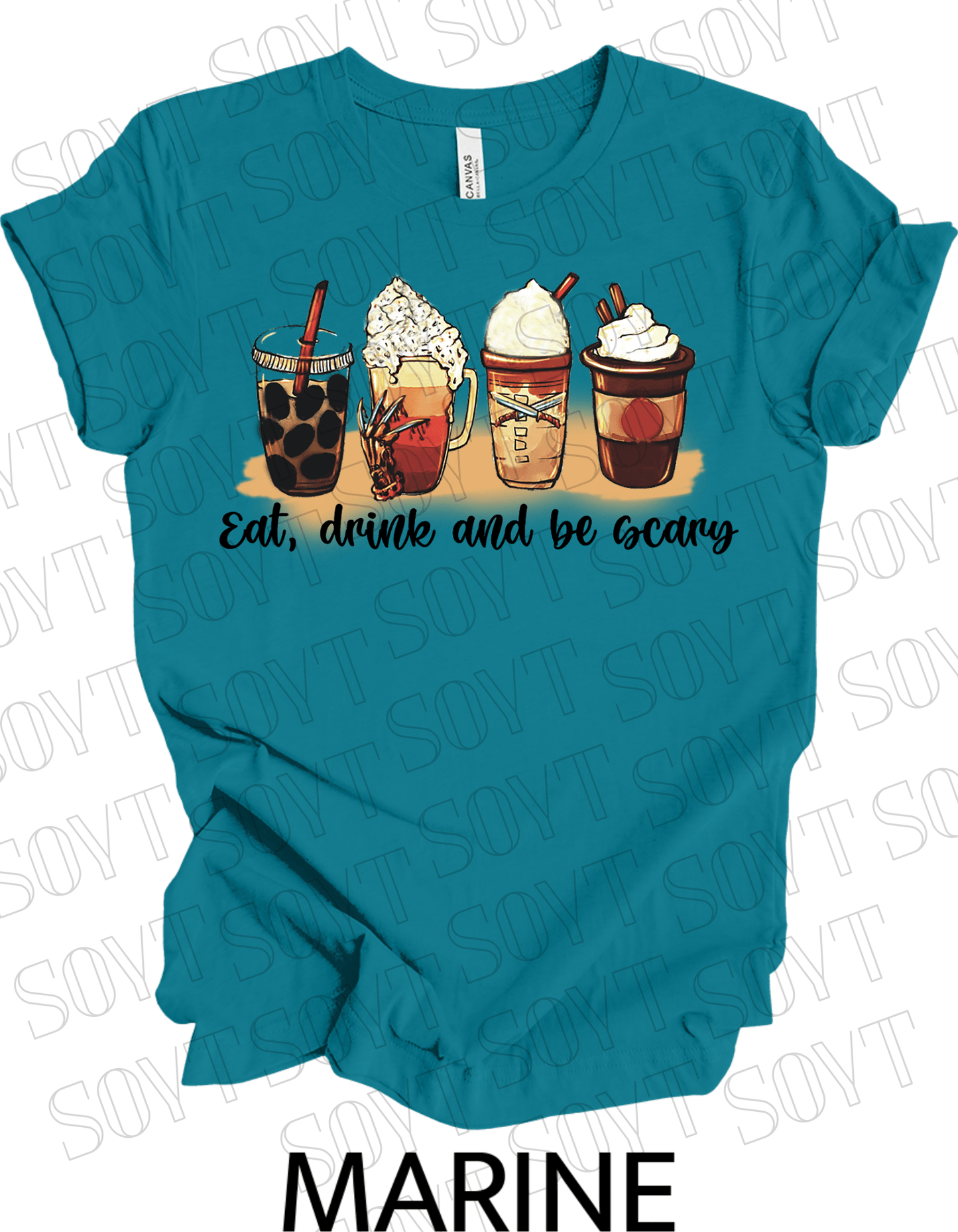 Eat, Drink and Be Scary T-Shirt – Halloween Iced Coffee & Fall Drink Graphic Tee - Festive Apparel StoreMarine