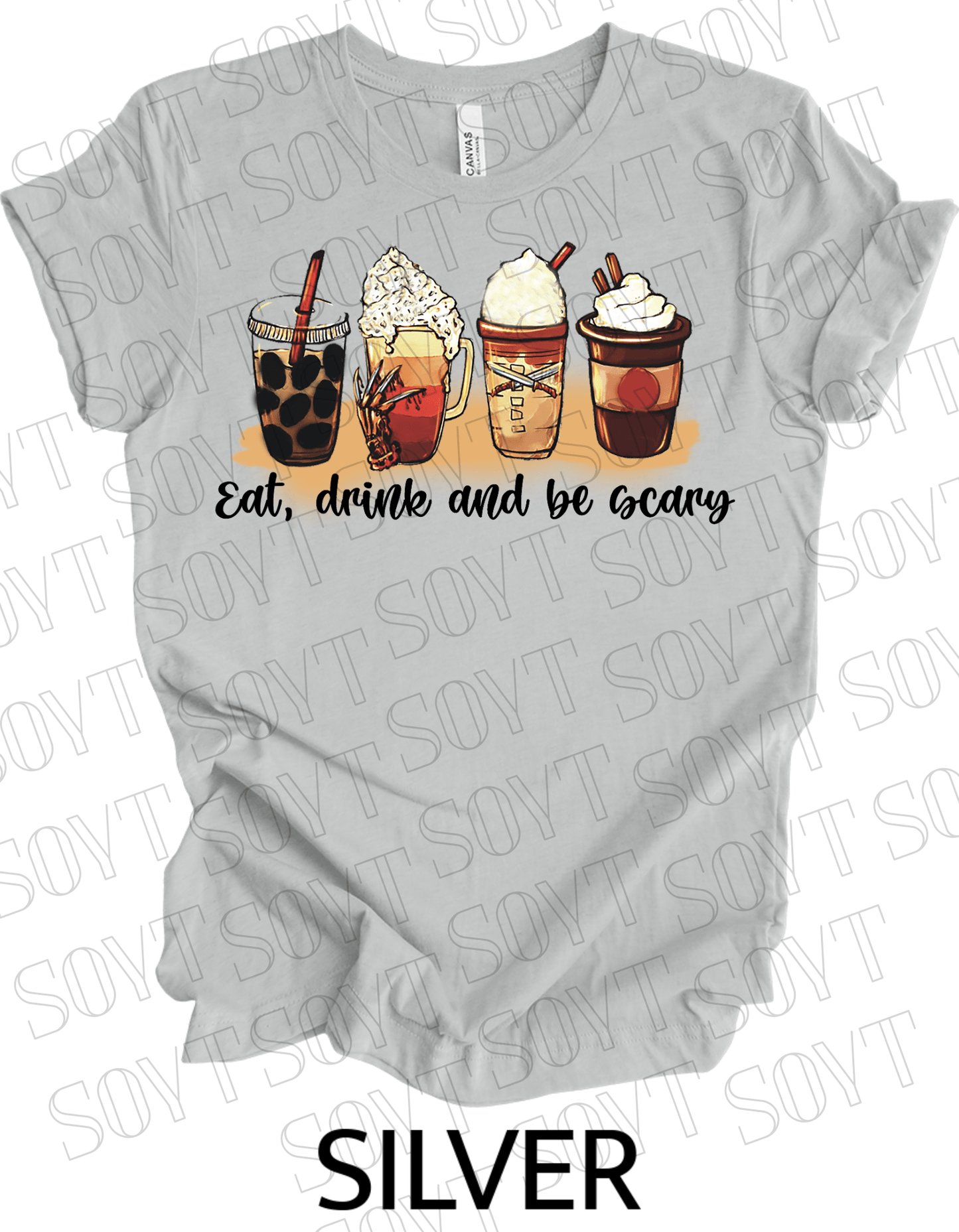 Eat, Drink and Be Scary T-Shirt – Halloween Iced Coffee & Fall Drink Graphic Tee - Festive Apparel StoreSilver