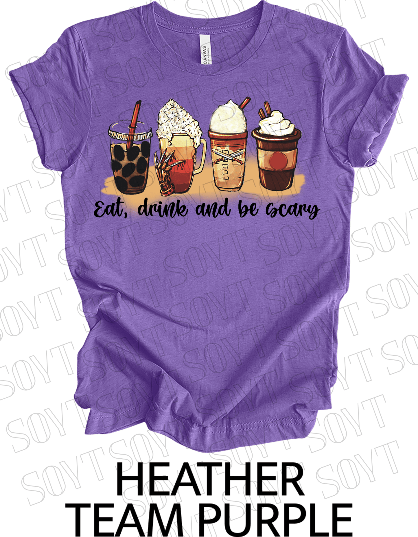 Eat, Drink and Be Scary T-Shirt – Halloween Iced Coffee & Fall Drink Graphic Tee - Festive Apparel StoreHeather Purple