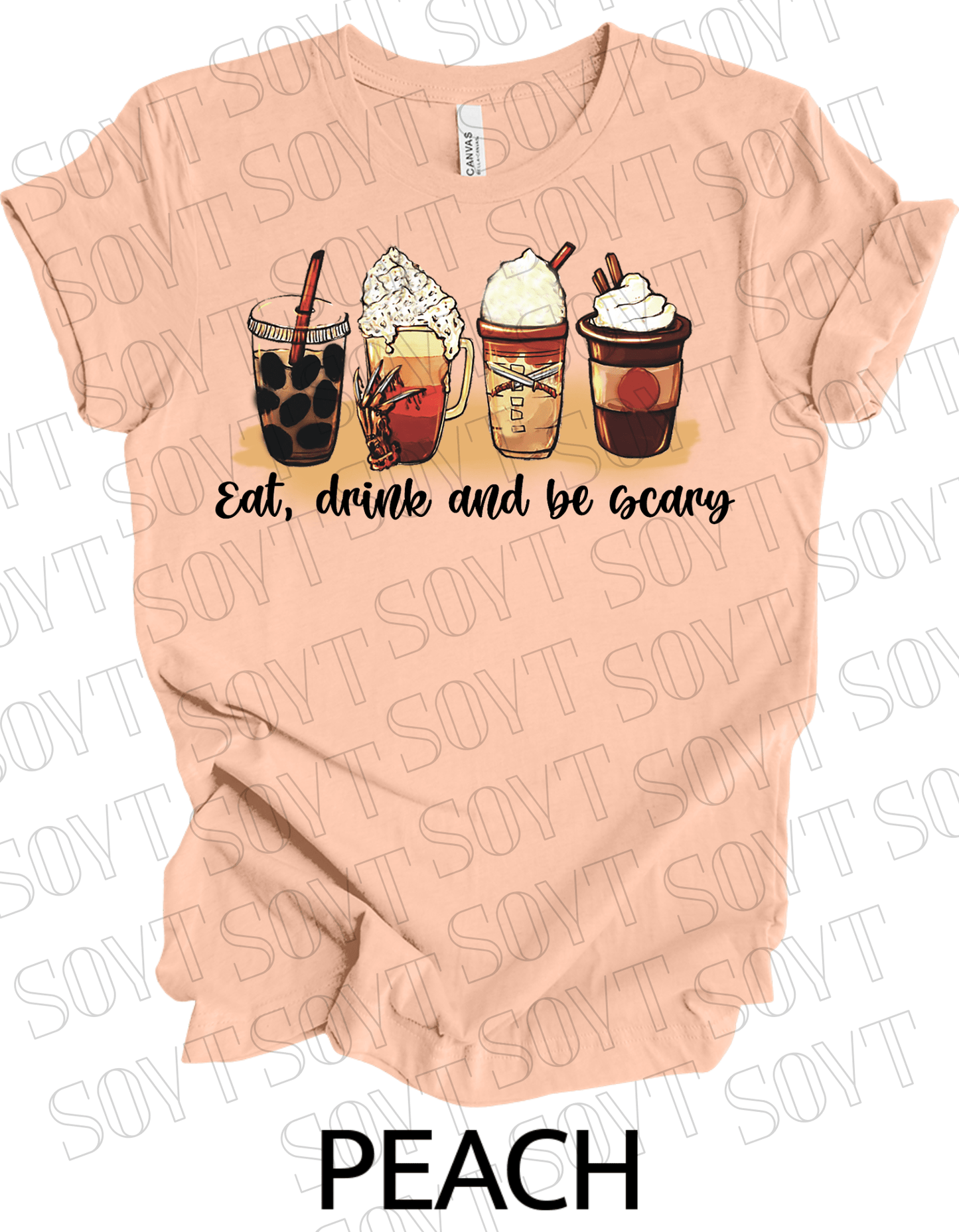 Eat, Drink and Be Scary T-Shirt – Halloween Iced Coffee & Fall Drink Graphic Tee - Festive Apparel StorePeach