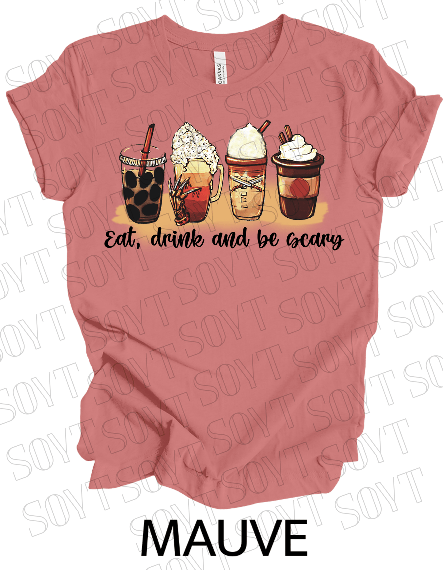 Eat, Drink and Be Scary T-Shirt – Halloween Iced Coffee & Fall Drink Graphic Tee - Festive Apparel StoreMauve