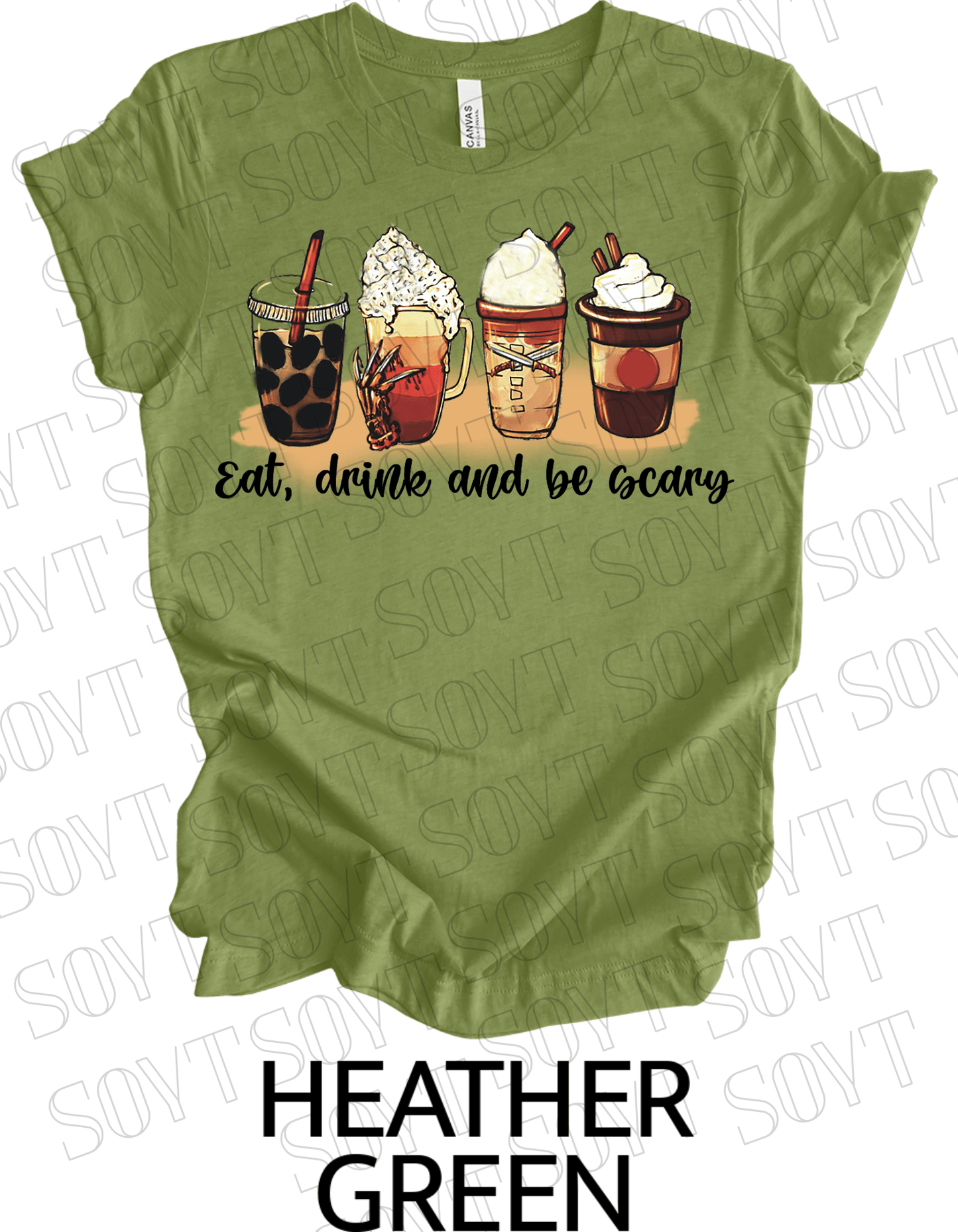 Eat, Drink and Be Scary T-Shirt – Halloween Iced Coffee & Fall Drink Graphic Tee - Festive Apparel StoreHeather Green