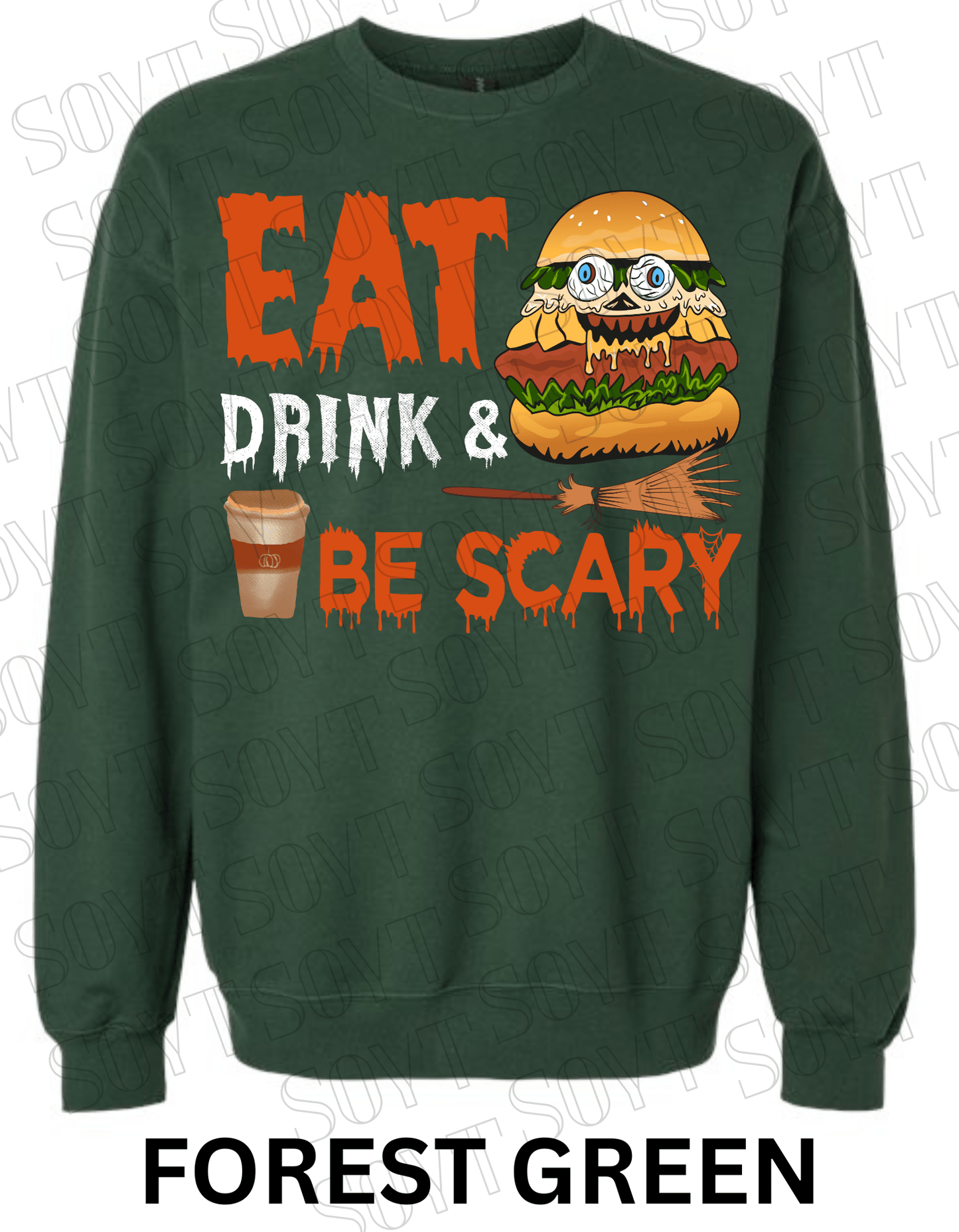 "Eat, Drink & Be Scary" Halloween Sweatshirt – Cozy Funny Foodie Pullover with Zombie Burger Graphic - Festive Apparel StoreForest Green