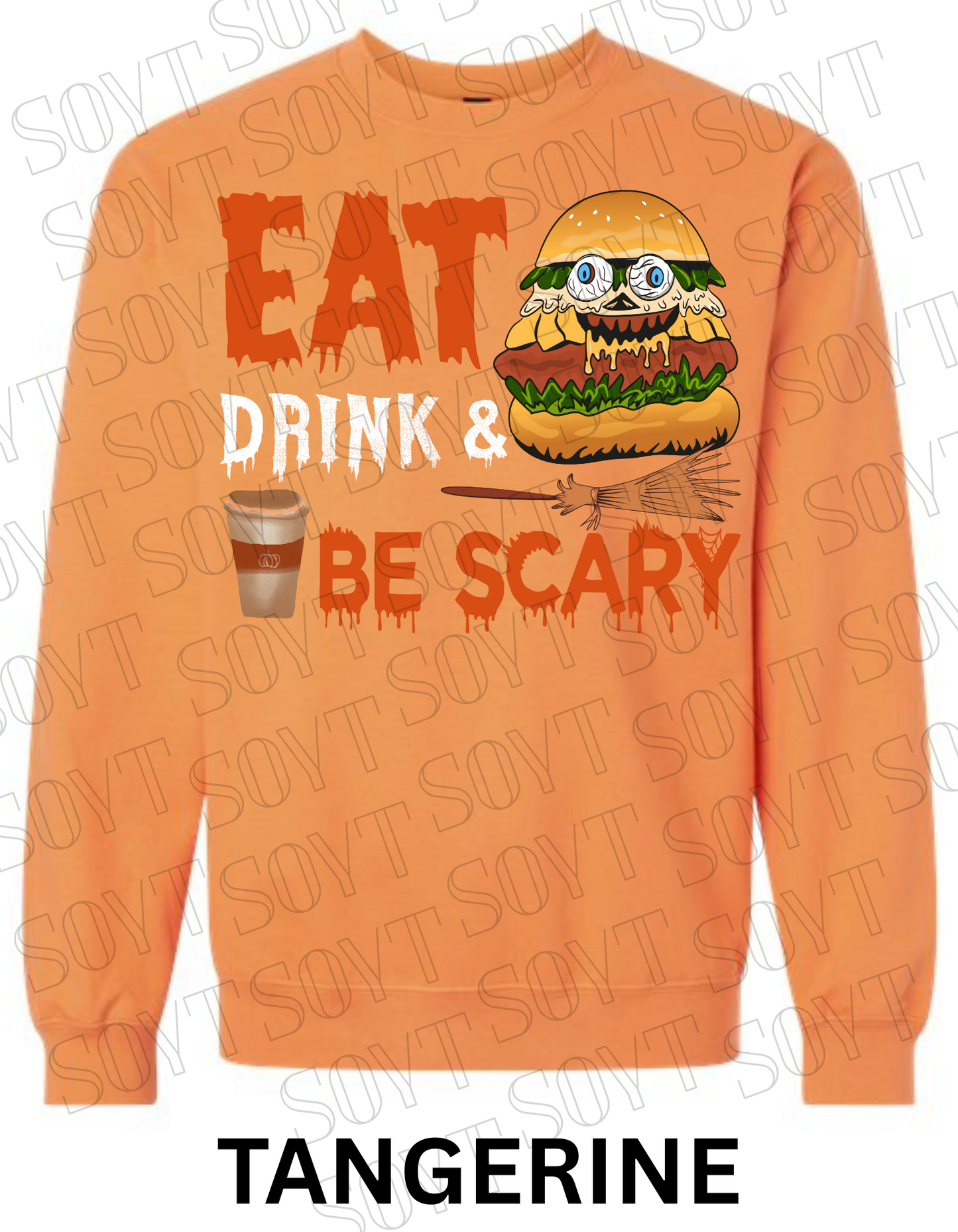 "Eat, Drink & Be Scary" Halloween Sweatshirt – Cozy Funny Foodie Pullover with Zombie Burger Graphic - Festive Apparel StoreTangerine