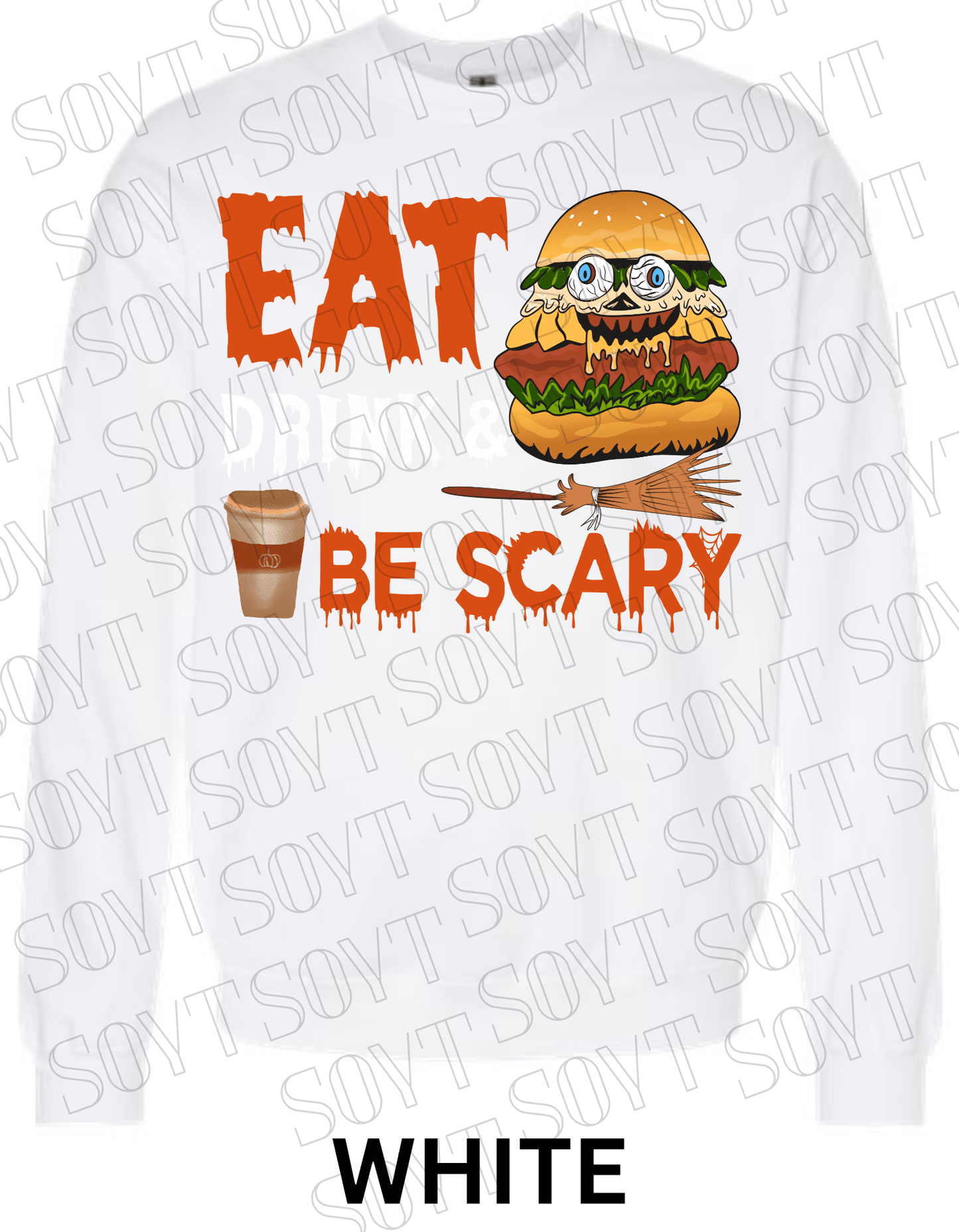 "Eat, Drink & Be Scary" Halloween Sweatshirt – Cozy Funny Foodie Pullover with Zombie Burger Graphic - Festive Apparel StoreWhite
