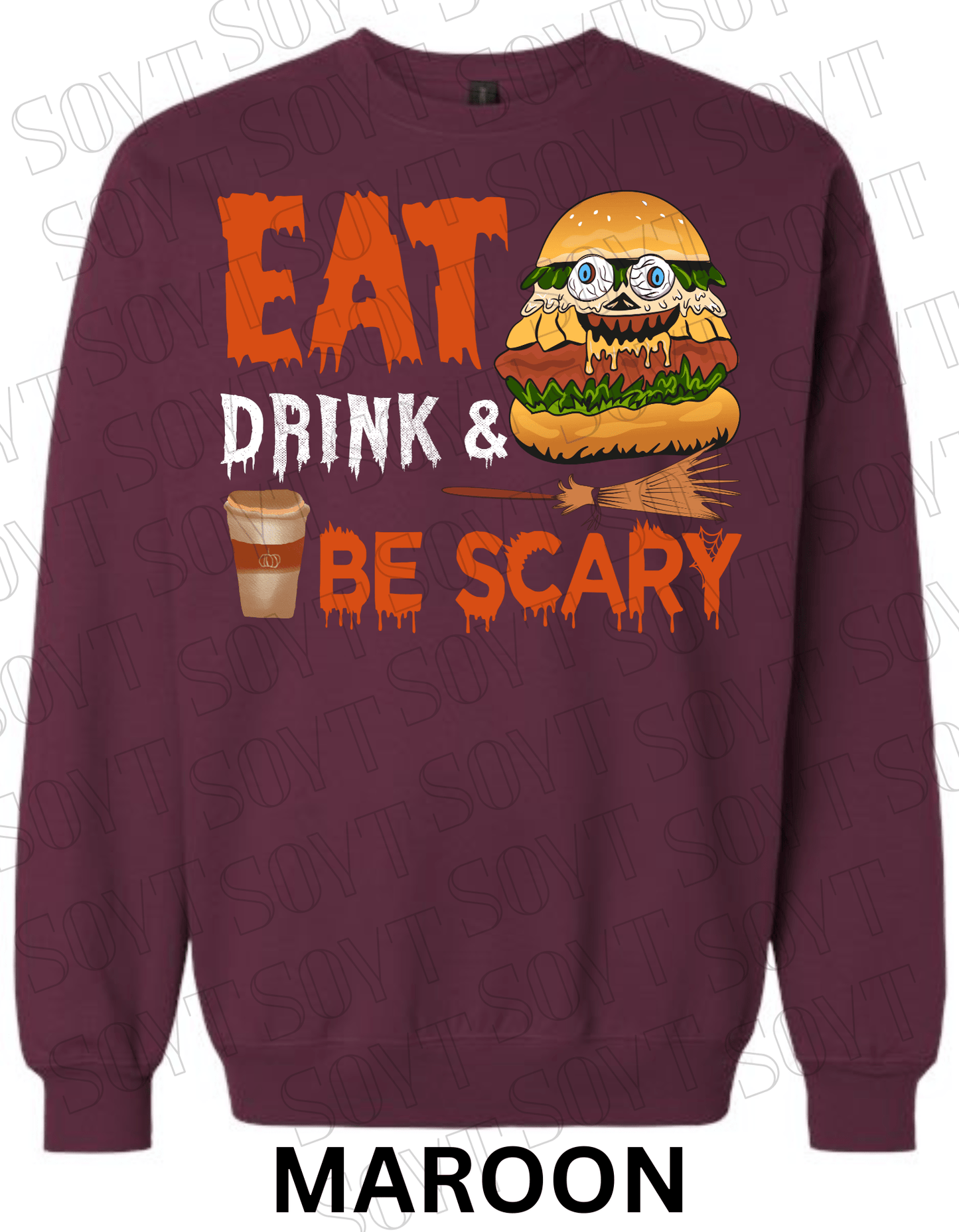 "Eat, Drink & Be Scary" Halloween Sweatshirt – Cozy Funny Foodie Pullover with Zombie Burger Graphic - Festive Apparel StoreMaroon