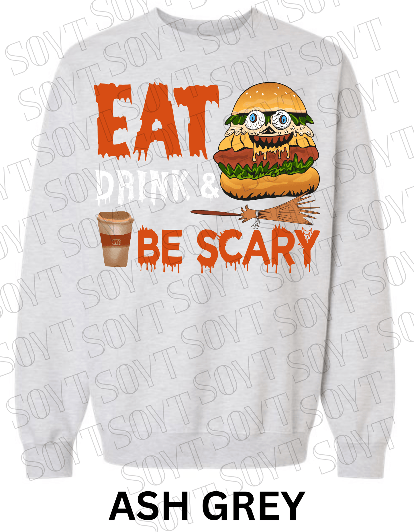 "Eat, Drink & Be Scary" Halloween Sweatshirt – Cozy Funny Foodie Pullover with Zombie Burger Graphic - Festive Apparel StoreAsh Grey