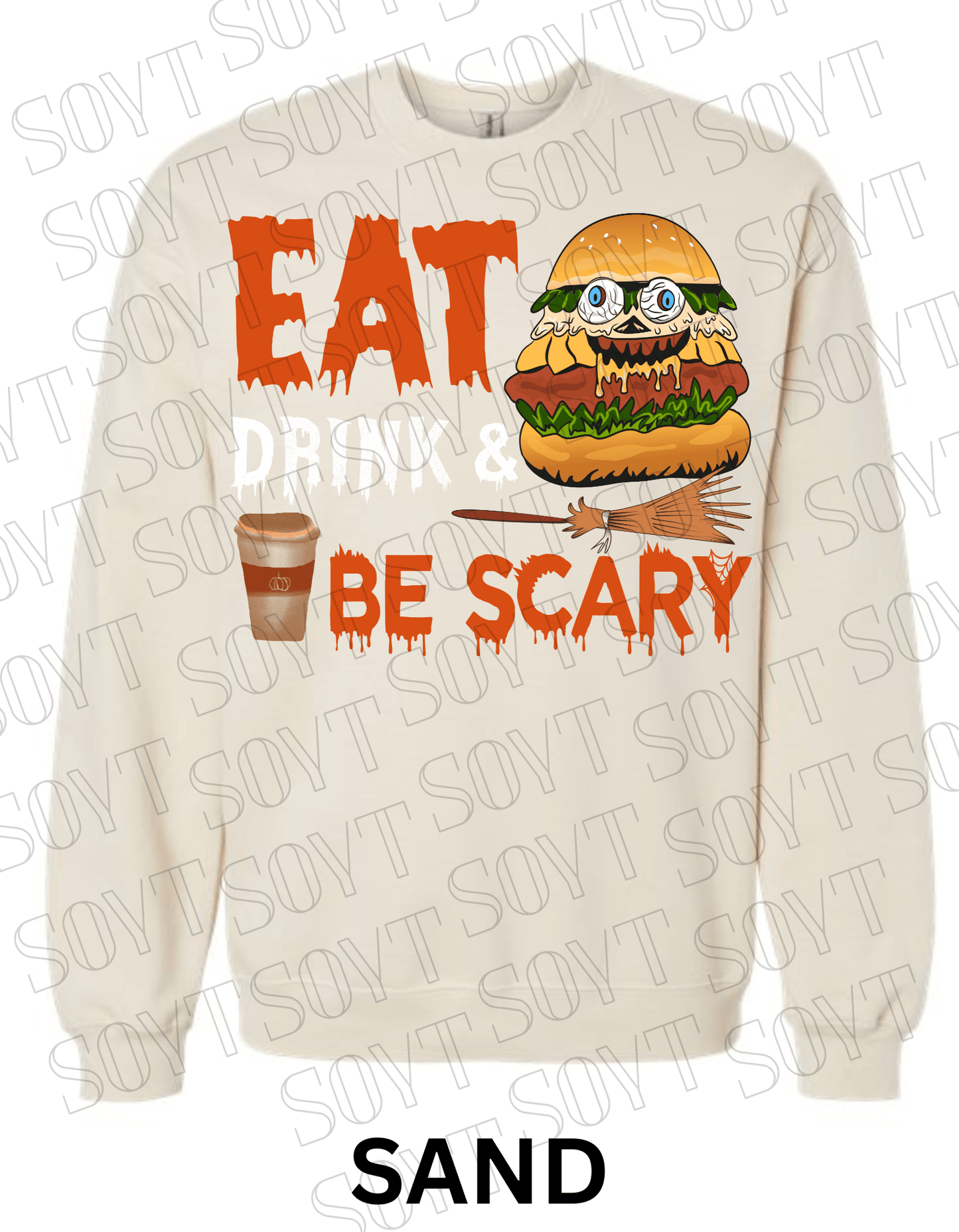 "Eat, Drink & Be Scary" Halloween Sweatshirt – Cozy Funny Foodie Pullover with Zombie Burger Graphic - Festive Apparel StoreSand