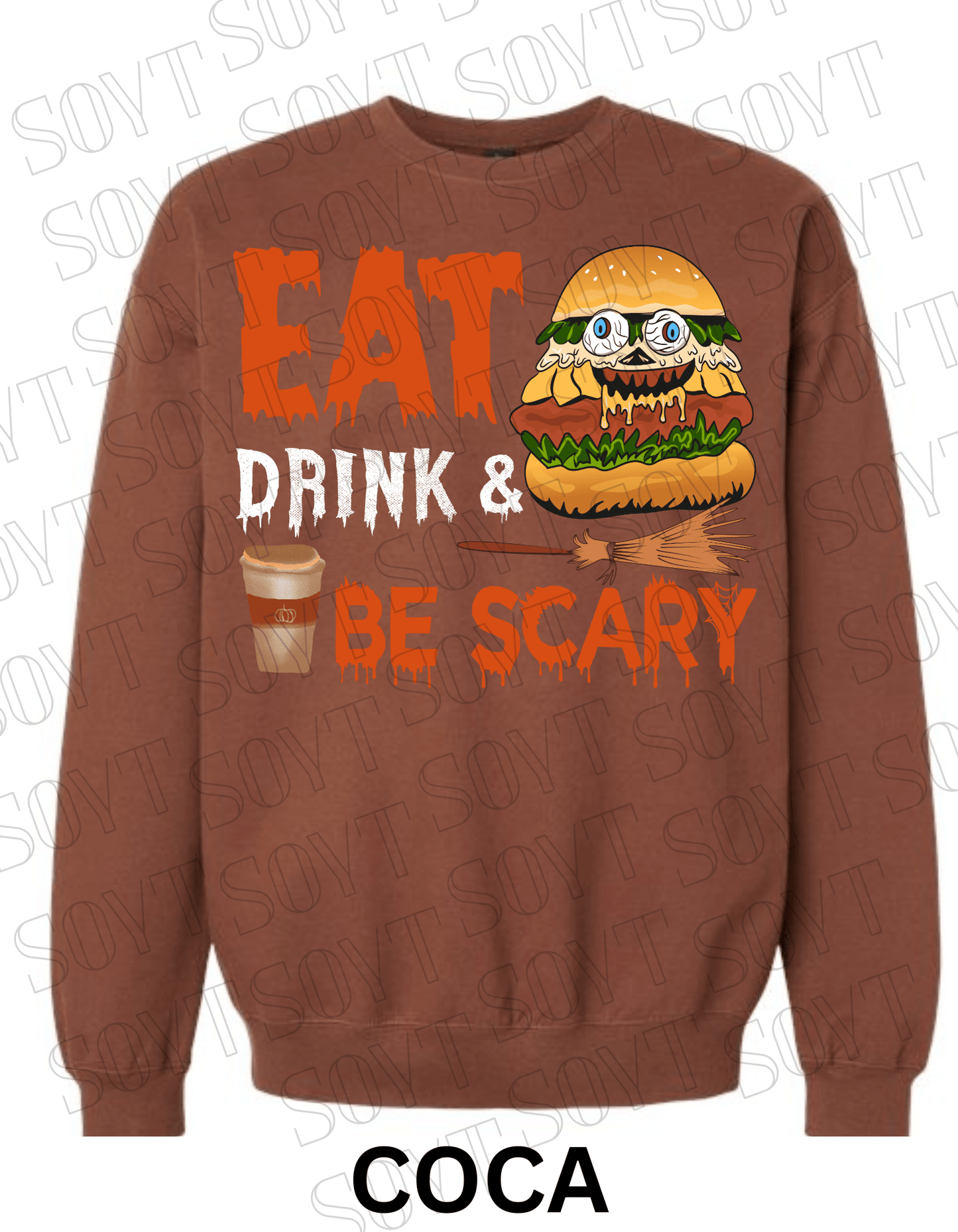"Eat, Drink & Be Scary" Halloween Sweatshirt – Cozy Funny Foodie Pullover with Zombie Burger Graphic - Festive Apparel StoreCocoa Brown