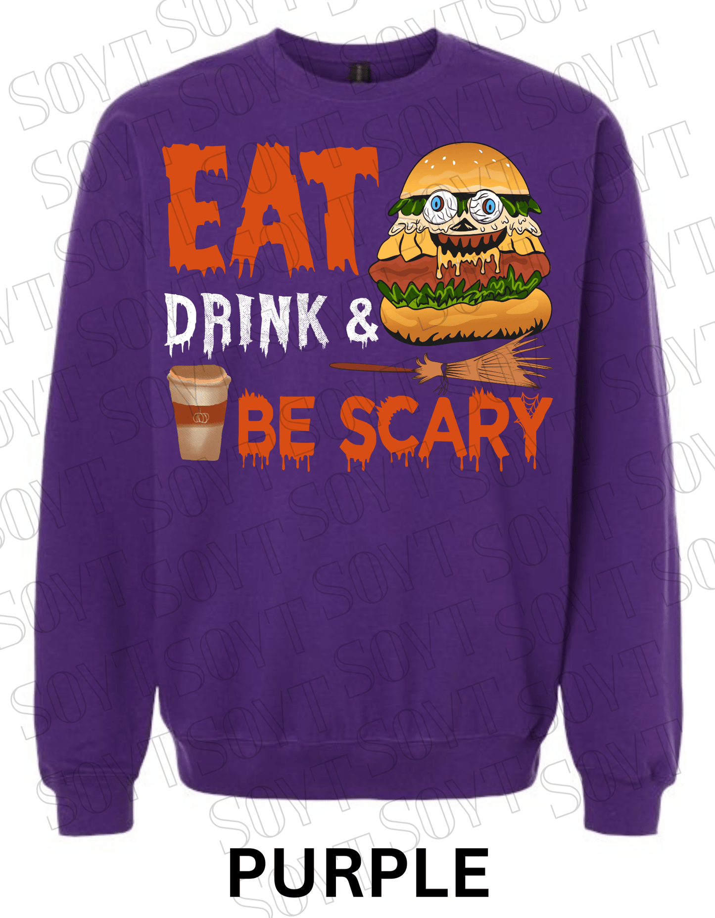 "Eat, Drink & Be Scary" Halloween Sweatshirt – Cozy Funny Foodie Pullover with Zombie Burger Graphic - Festive Apparel StorePurple
