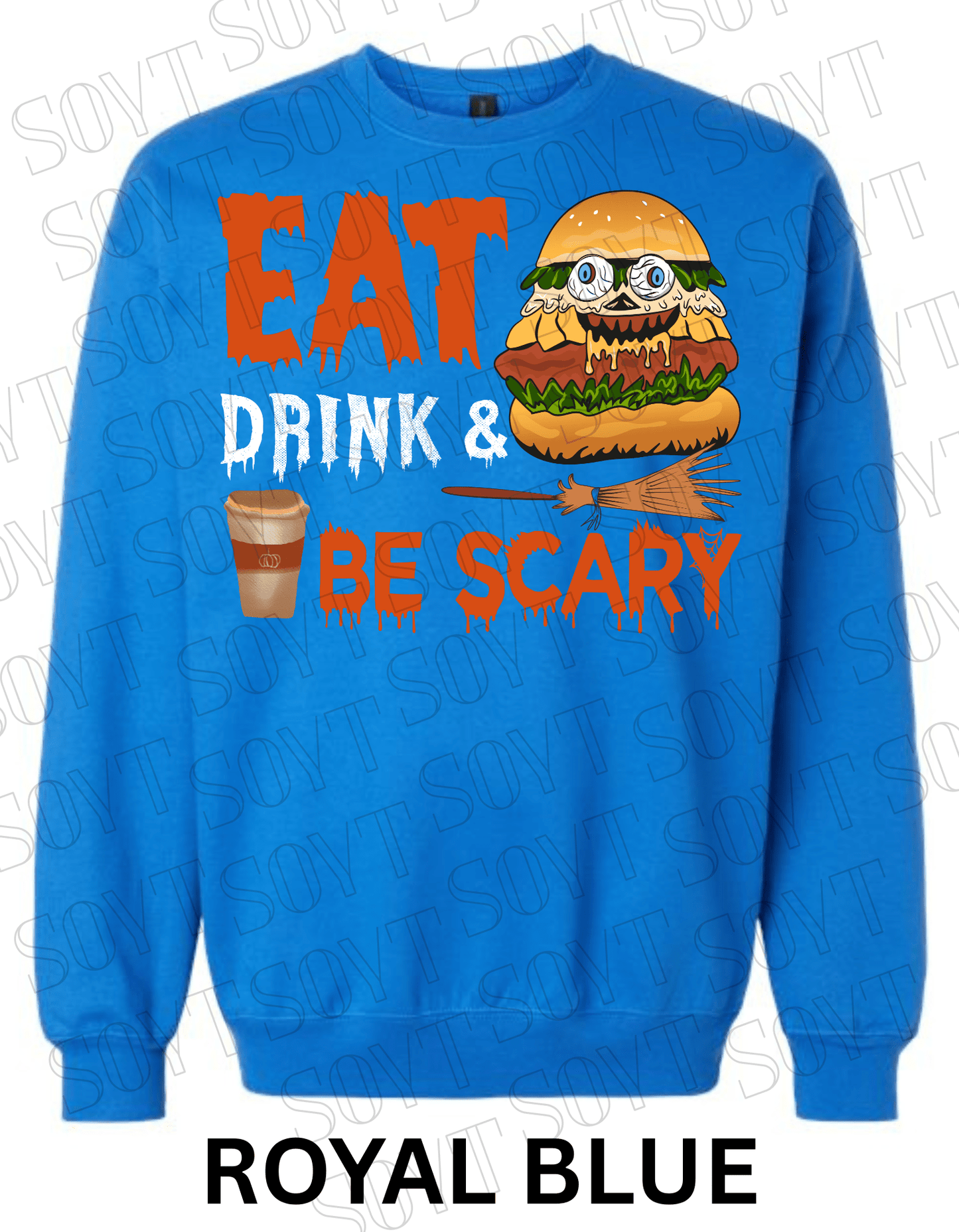 "Eat, Drink & Be Scary" Halloween Sweatshirt – Cozy Funny Foodie Pullover with Zombie Burger Graphic - Festive Apparel StoreRoyal Blue