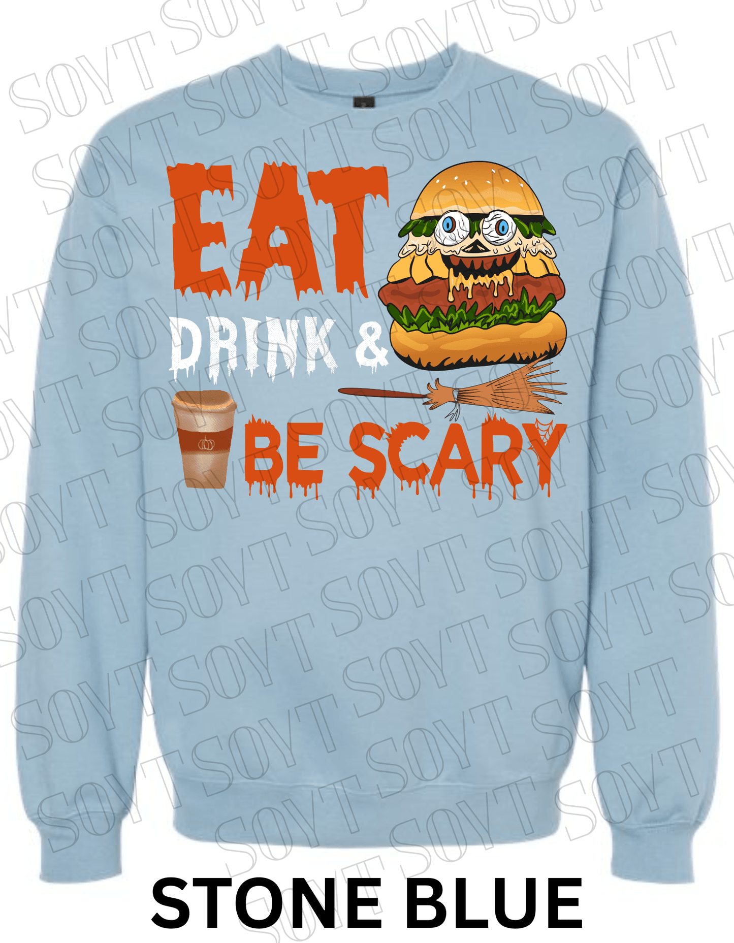 "Eat, Drink & Be Scary" Halloween Sweatshirt – Cozy Funny Foodie Pullover with Zombie Burger Graphic - Festive Apparel StoreStone Blue