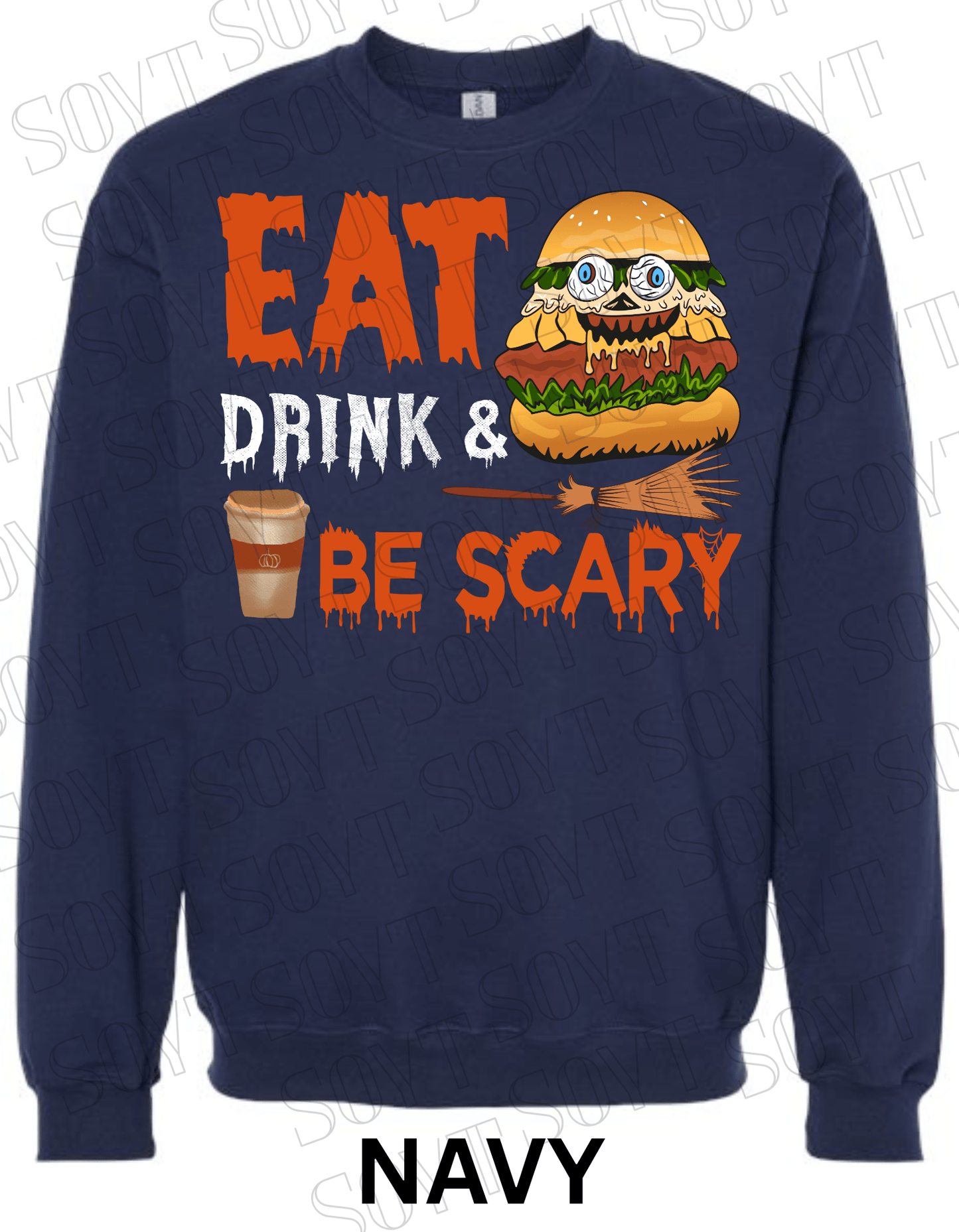 "Eat, Drink & Be Scary" Halloween Sweatshirt – Cozy Funny Foodie Pullover with Zombie Burger Graphic - Festive Apparel StoreNavy Blue