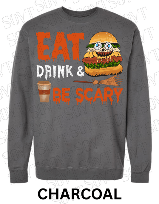 "Eat, Drink & Be Scary" Halloween Sweatshirt – Cozy Funny Foodie Pullover with Zombie Burger Graphic - Festive Apparel StoreCharcoal