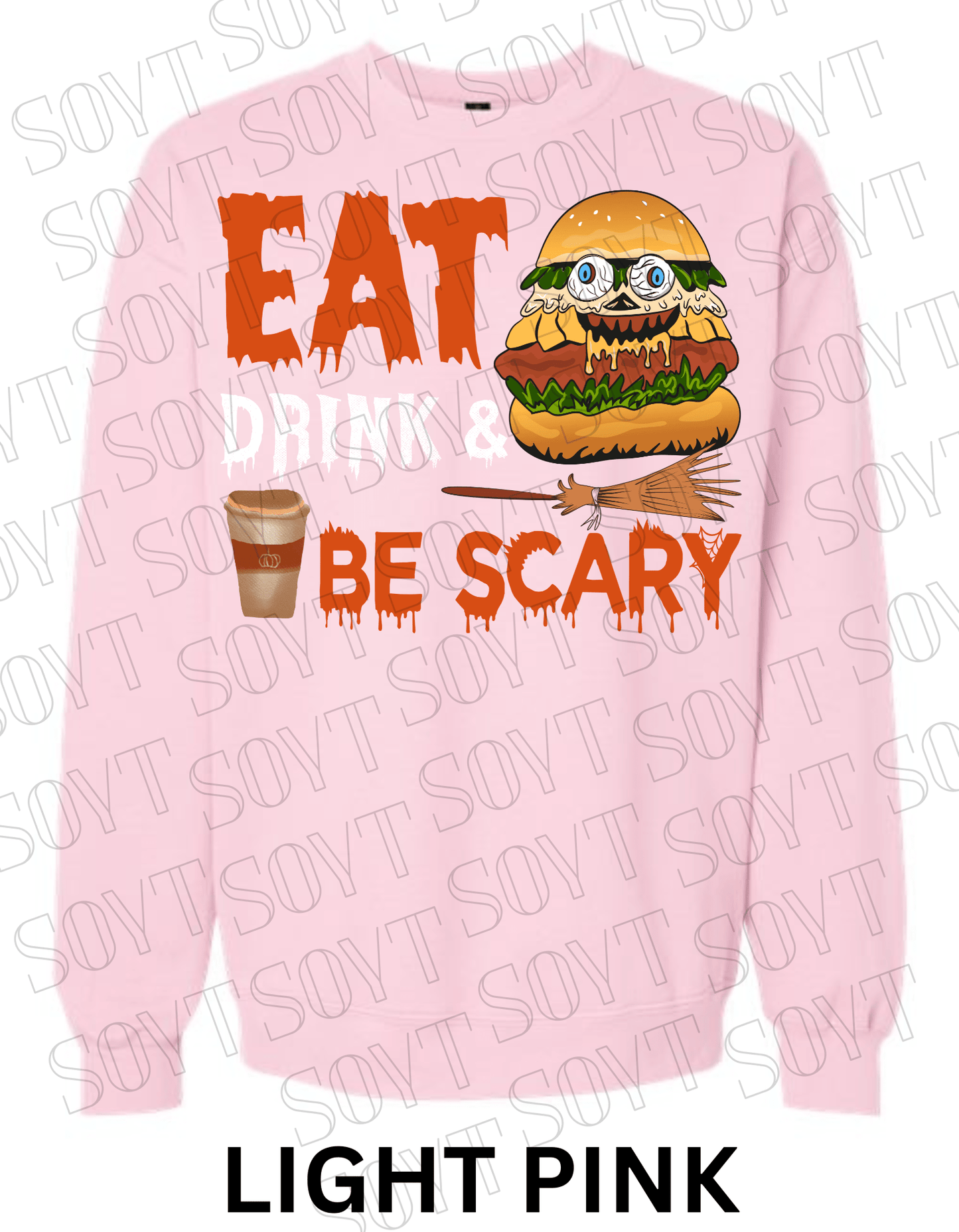 "Eat, Drink & Be Scary" Halloween Sweatshirt – Cozy Funny Foodie Pullover with Zombie Burger Graphic - Festive Apparel StoreLight Pink
