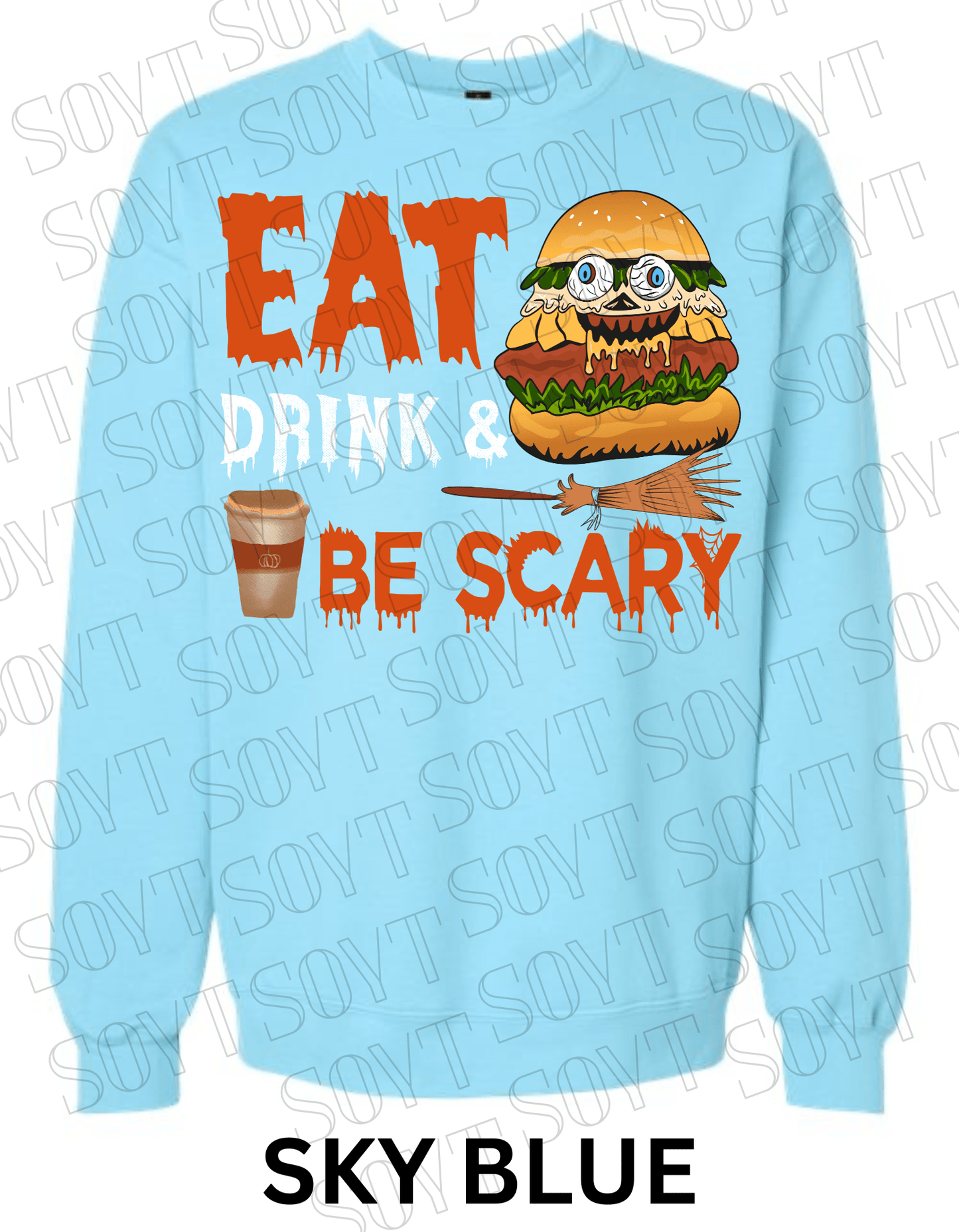 "Eat, Drink & Be Scary" Halloween Sweatshirt – Cozy Funny Foodie Pullover with Zombie Burger Graphic - Festive Apparel StoreSky Blue