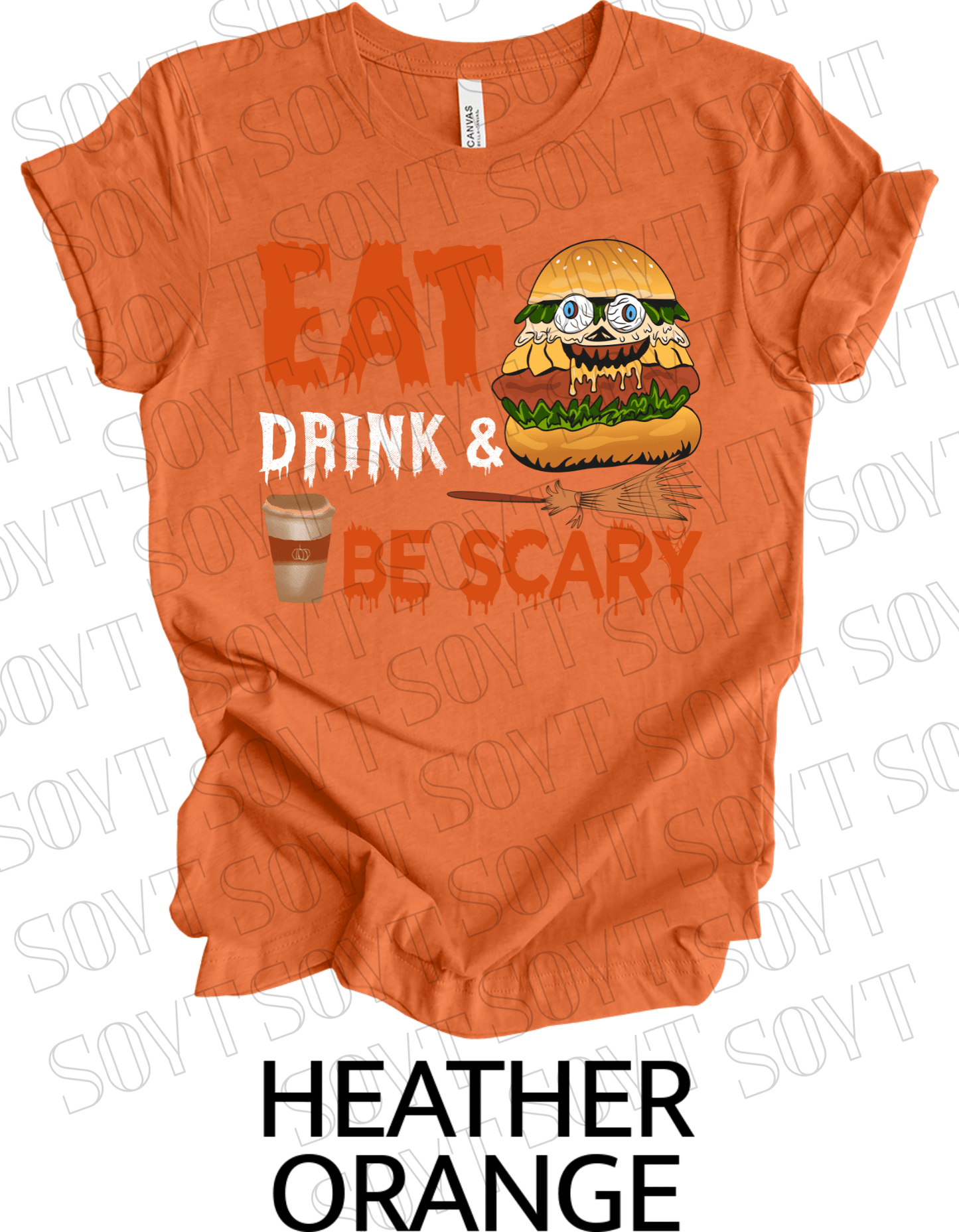 "Eat, Drink & Be Scary" Halloween T-Shirt – Funny Burger & Broom Graphic Tee for Fall Foodies - Festive Apparel StoreHeather Orange
