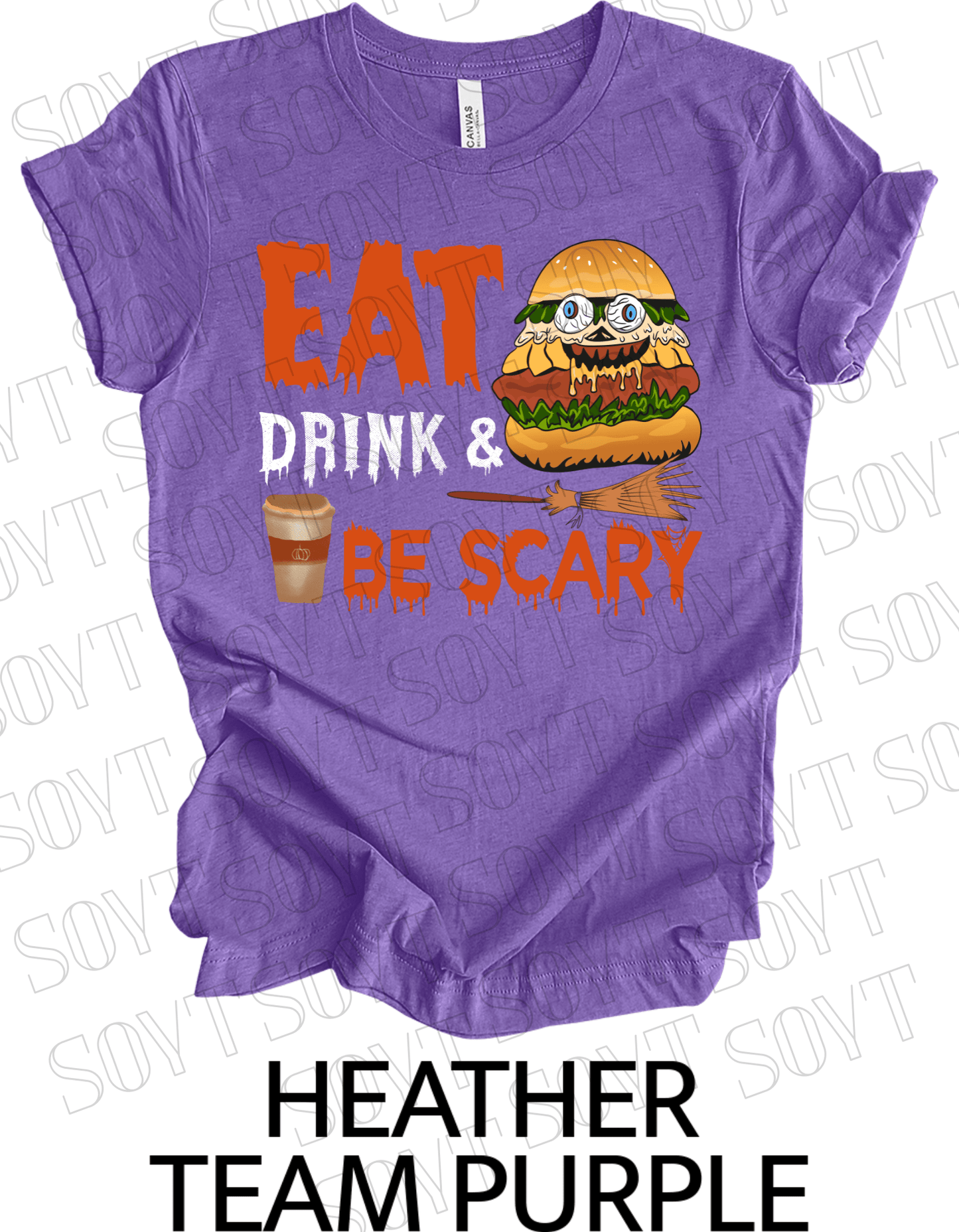 "Eat, Drink & Be Scary" Halloween T-Shirt – Funny Burger & Broom Graphic Tee for Fall Foodies - Festive Apparel StoreHeather Purple
