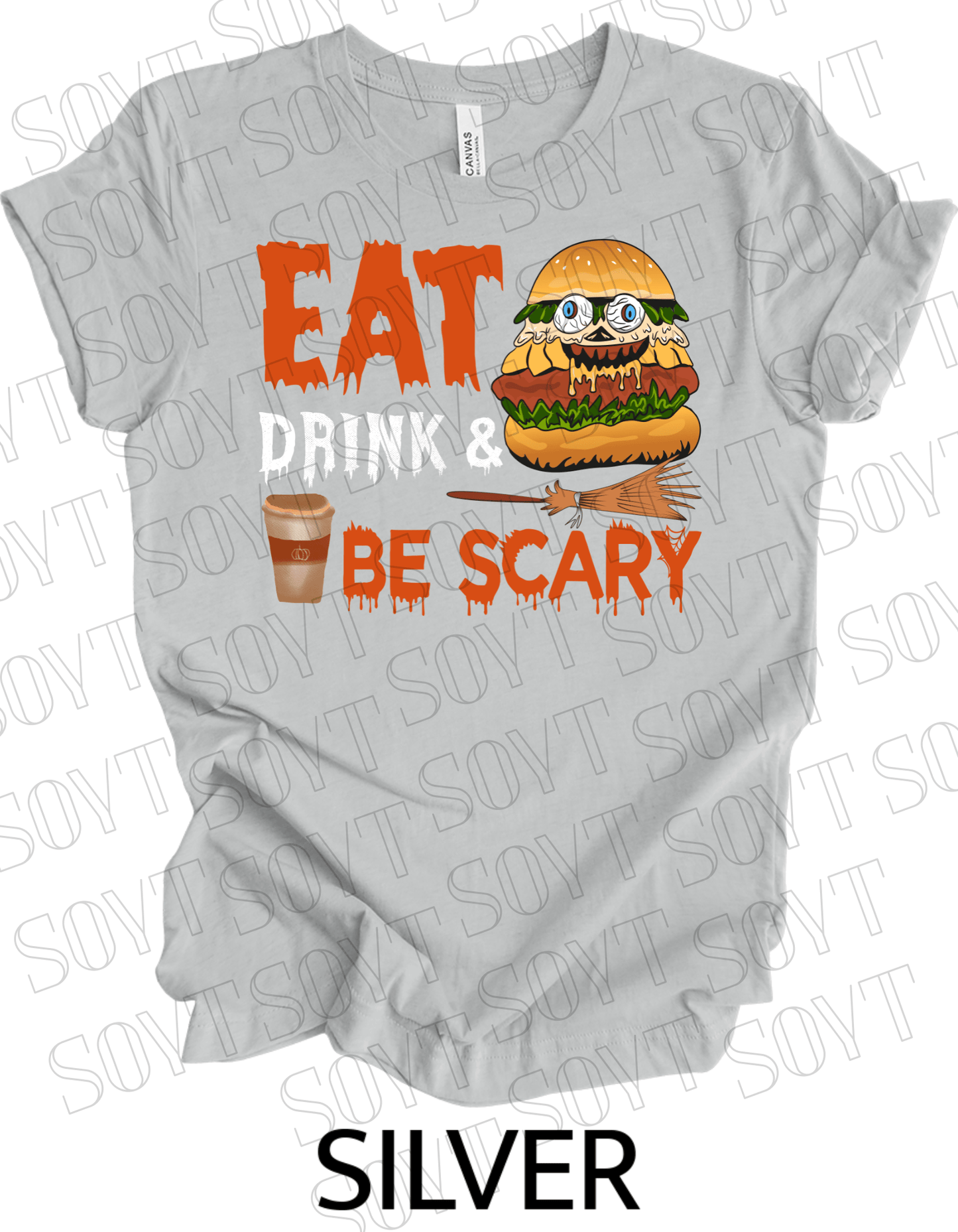 "Eat, Drink & Be Scary" Halloween T-Shirt – Funny Burger & Broom Graphic Tee for Fall Foodies - Festive Apparel StoreSilver