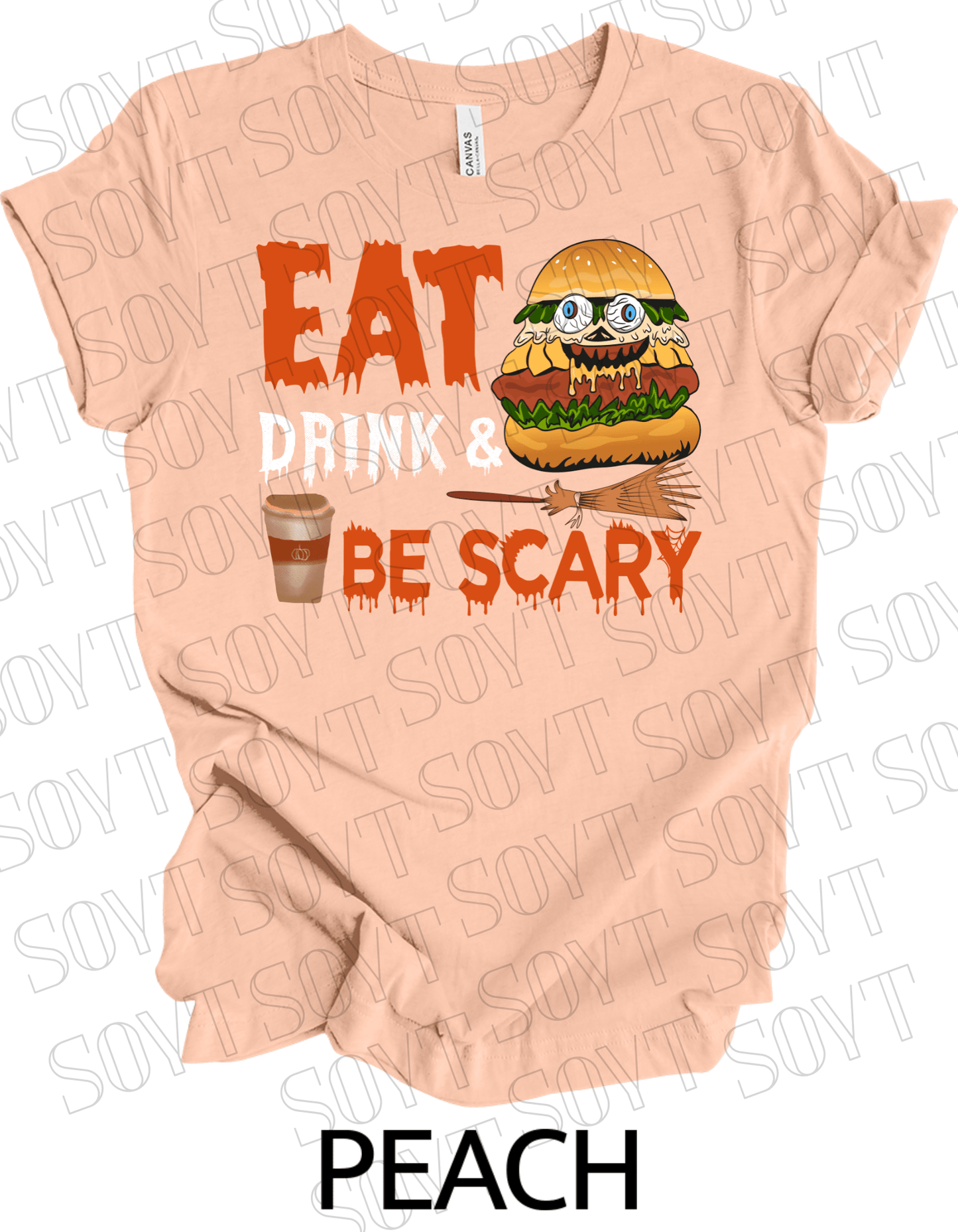 "Eat, Drink & Be Scary" Halloween T-Shirt – Funny Burger & Broom Graphic Tee for Fall Foodies - Festive Apparel StorePeach
