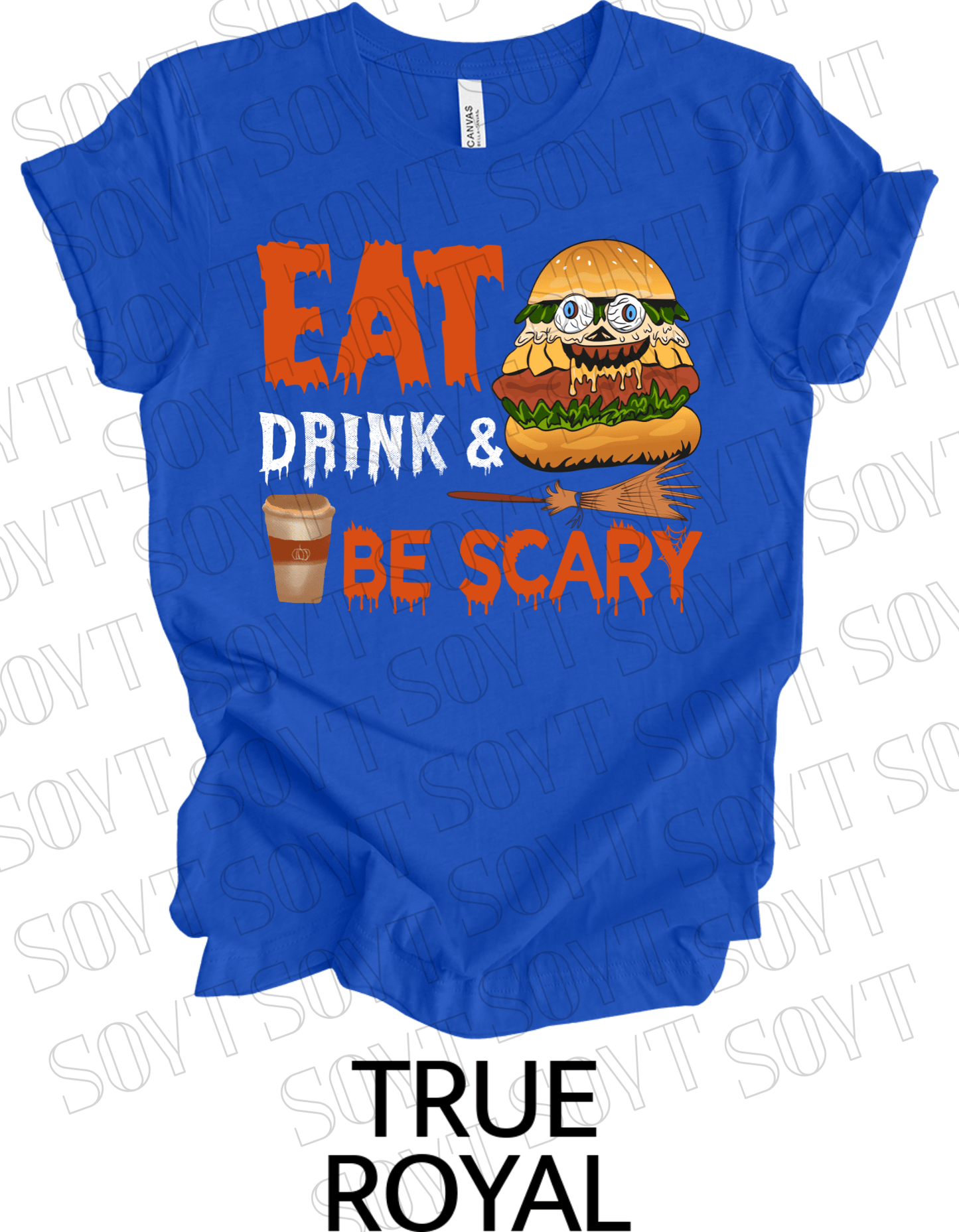 "Eat, Drink & Be Scary" Halloween T-Shirt – Funny Burger & Broom Graphic Tee for Fall Foodies - Festive Apparel StoreRoyal Blue