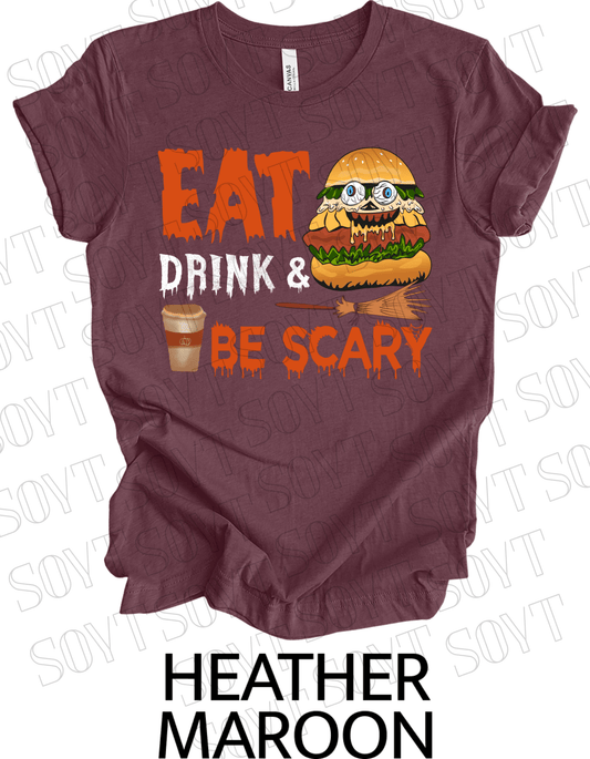 "Eat, Drink & Be Scary" Halloween T-Shirt – Funny Burger & Broom Graphic Tee for Fall Foodies - Festive Apparel StoreHeather Maroon