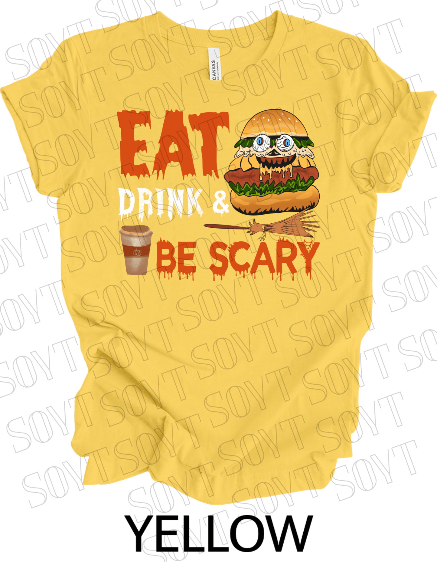 "Eat, Drink & Be Scary" Halloween T-Shirt – Funny Burger & Broom Graphic Tee for Fall Foodies - Festive Apparel StoreYellow