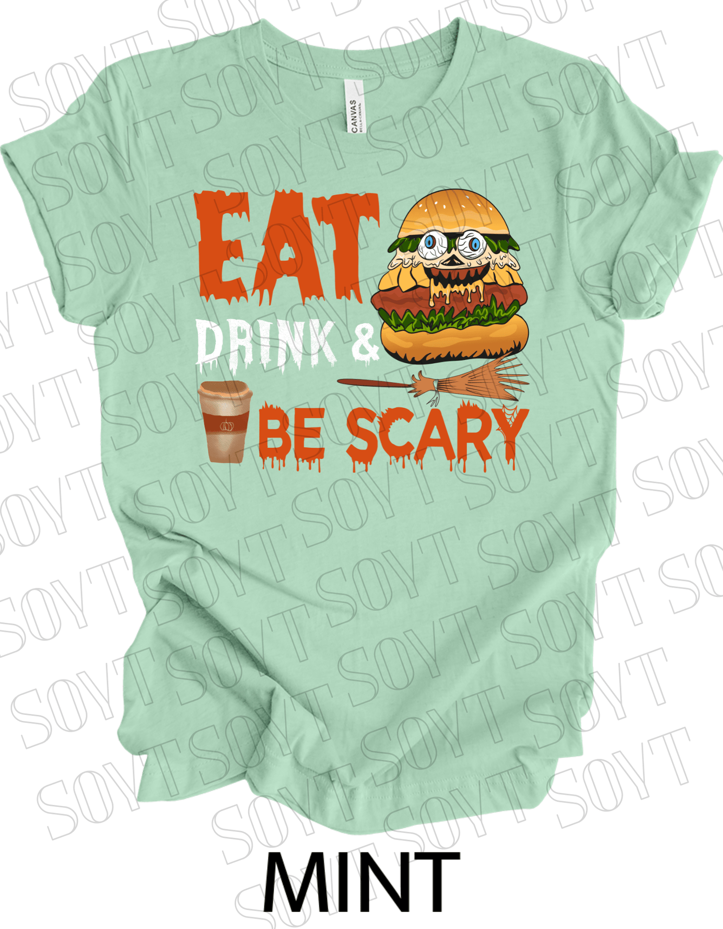 "Eat, Drink & Be Scary" Halloween T-Shirt – Funny Burger & Broom Graphic Tee for Fall Foodies - Festive Apparel StoreMint