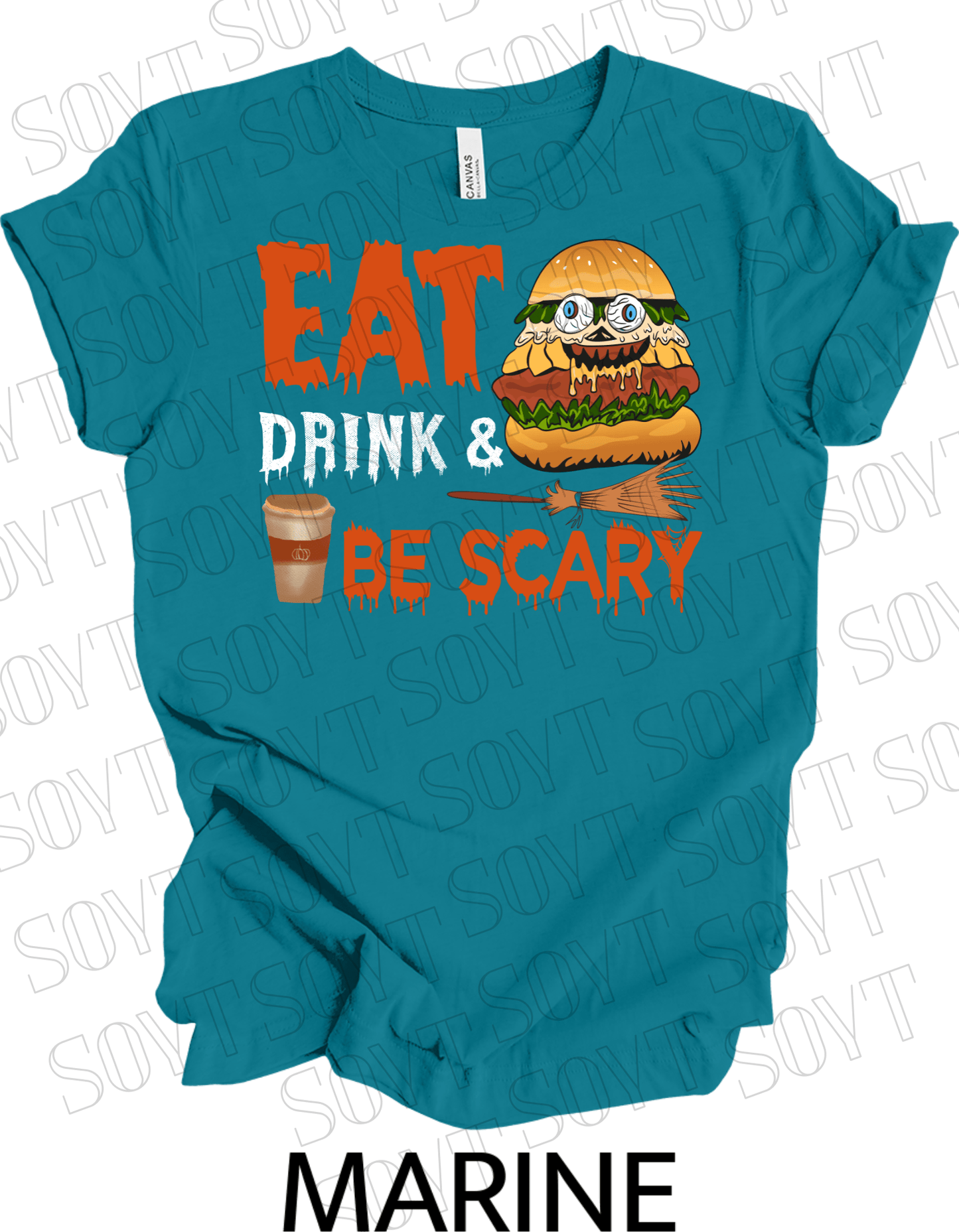 "Eat, Drink & Be Scary" Halloween T-Shirt – Funny Burger & Broom Graphic Tee for Fall Foodies - Festive Apparel StoreMarine