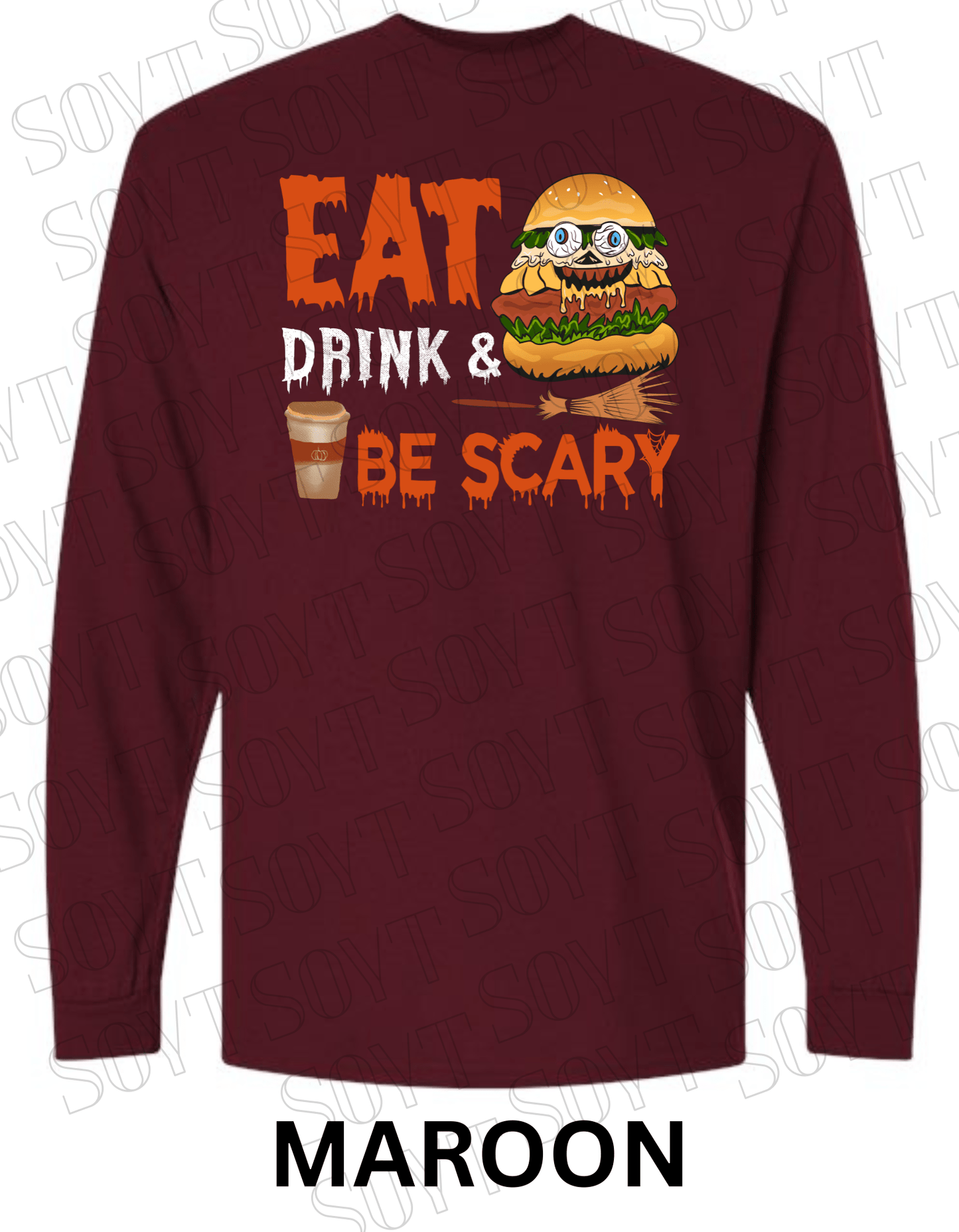"Eat, Drink & Be Scary" Long Sleeve Halloween Shirt – Funny Zombie Burger Graphic Tee for Fall Food Lovers - Festive Apparel StoreMaroon