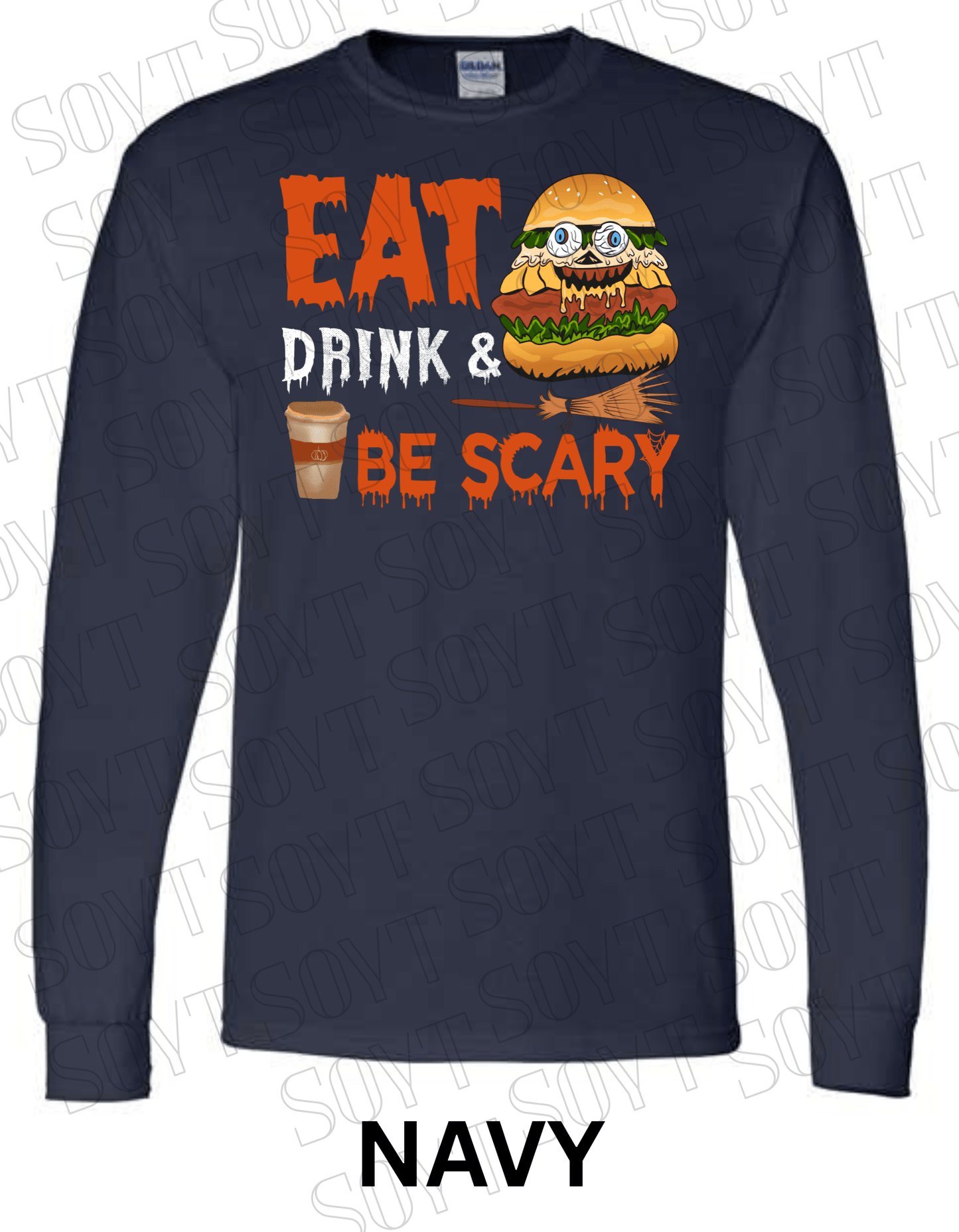 "Eat, Drink & Be Scary" Long Sleeve Halloween Shirt – Funny Zombie Burger Graphic Tee for Fall Food Lovers - Festive Apparel StoreNavy Blue