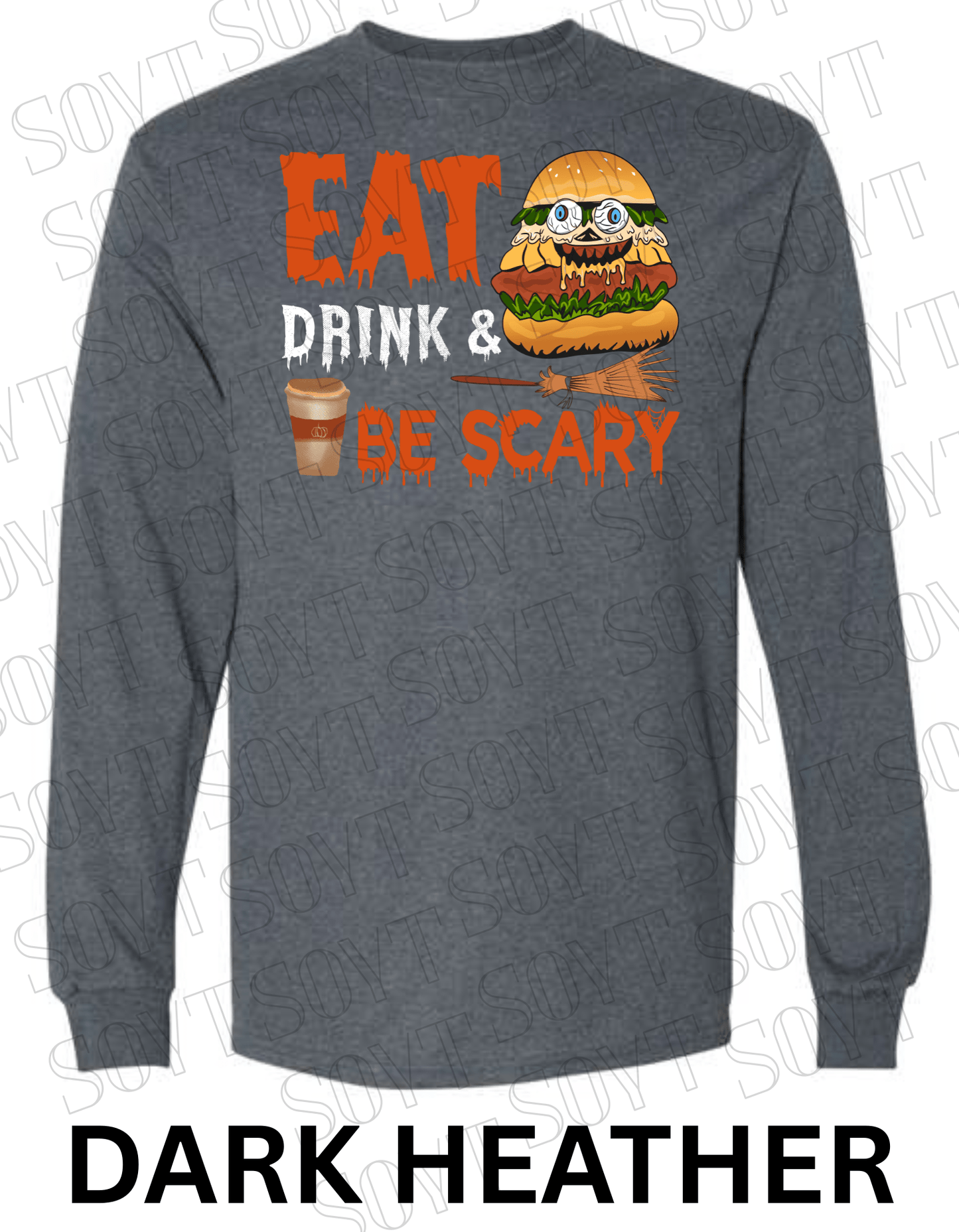 "Eat, Drink & Be Scary" Long Sleeve Halloween Shirt – Funny Zombie Burger Graphic Tee for Fall Food Lovers - Festive Apparel StoreDark Heather