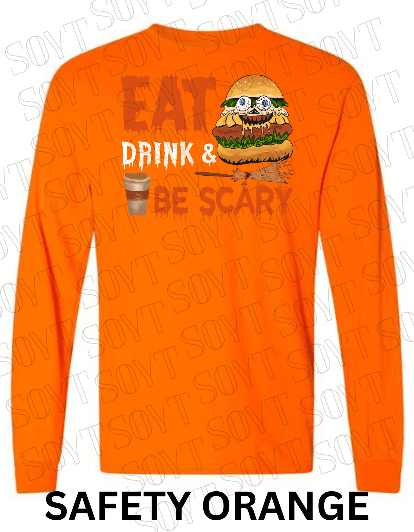 "Eat, Drink & Be Scary" Long Sleeve Halloween Shirt – Funny Zombie Burger Graphic Tee for Fall Food Lovers - Festive Apparel StoreSafety Orange