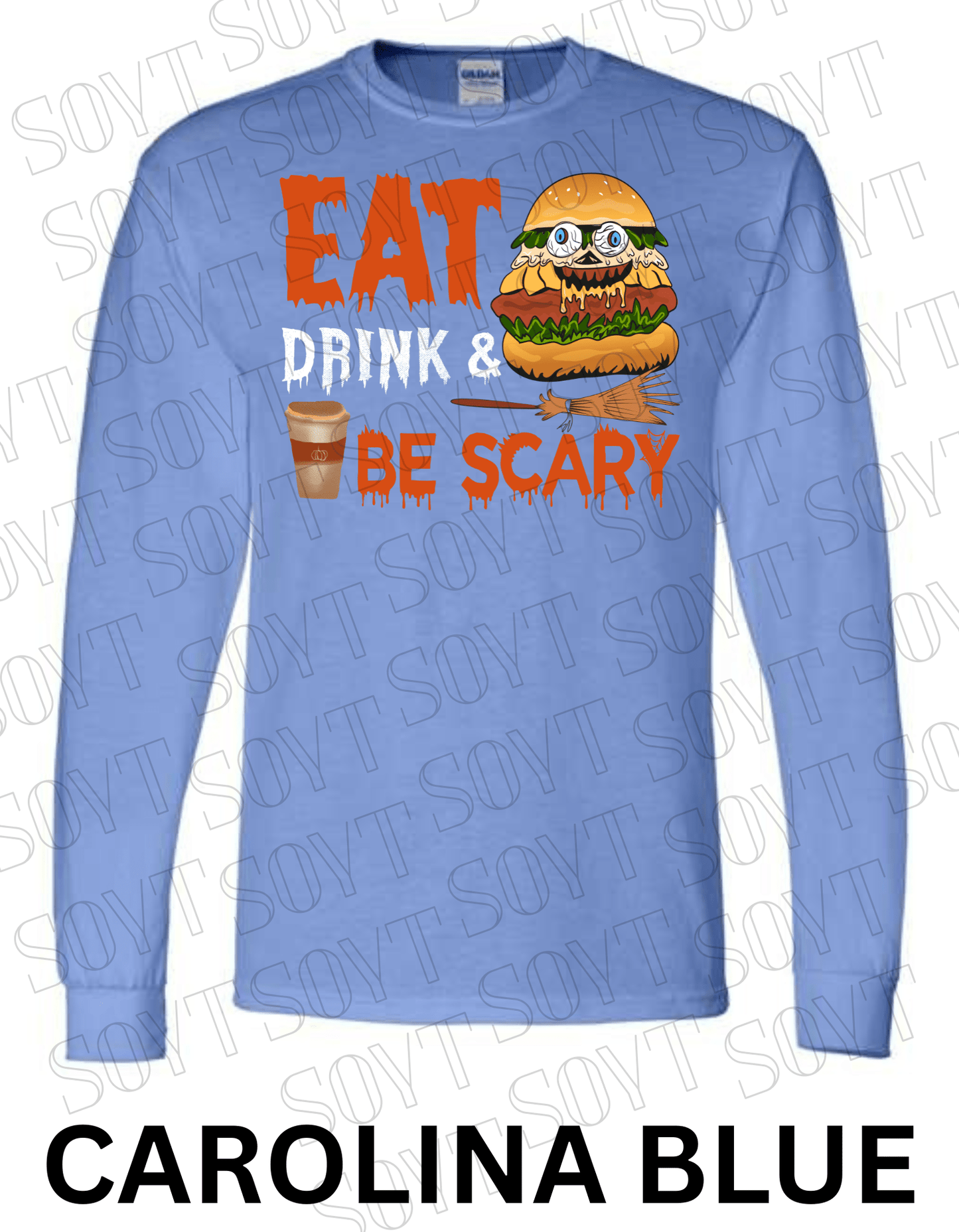 "Eat, Drink & Be Scary" Long Sleeve Halloween Shirt – Funny Zombie Burger Graphic Tee for Fall Food Lovers - Festive Apparel StoreCarolina Blue