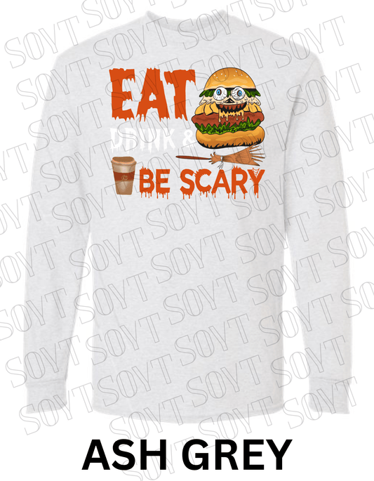 "Eat, Drink & Be Scary" Long Sleeve Halloween Shirt – Funny Zombie Burger Graphic Tee for Fall Food Lovers - Festive Apparel StoreAsh Gray