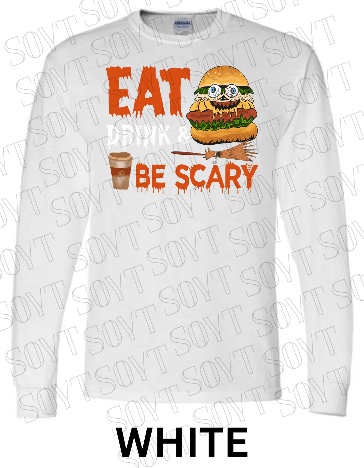 "Eat, Drink & Be Scary" Long Sleeve Halloween Shirt – Funny Zombie Burger Graphic Tee for Fall Food Lovers - Festive Apparel StoreWhite