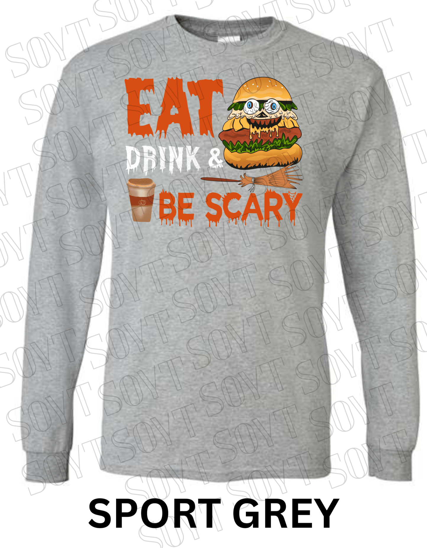 "Eat, Drink & Be Scary" Long Sleeve Halloween Shirt – Funny Zombie Burger Graphic Tee for Fall Food Lovers - Festive Apparel StoreSport Grey