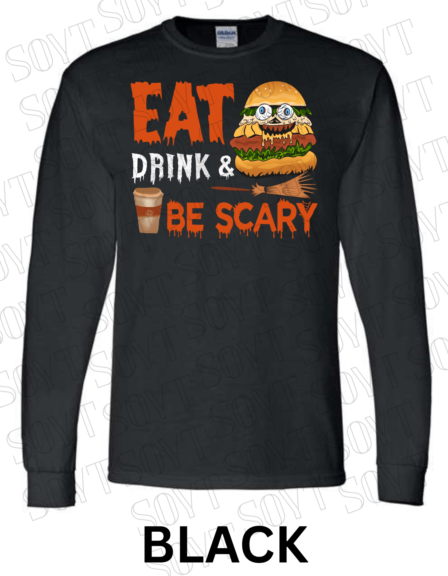 "Eat, Drink & Be Scary" Long Sleeve Halloween Shirt – Funny Zombie Burger Graphic Tee for Fall Food Lovers - Festive Apparel StoreBlack