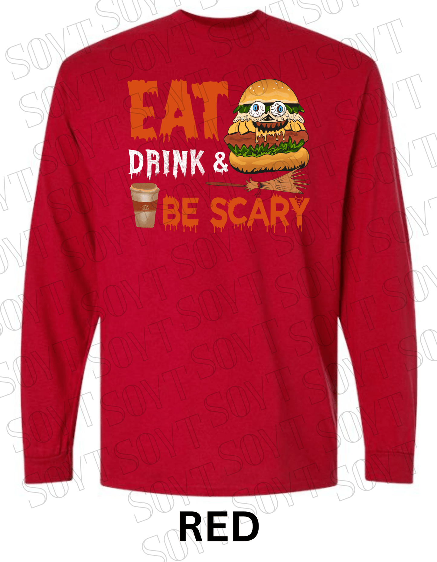 "Eat, Drink & Be Scary" Long Sleeve Halloween Shirt – Funny Zombie Burger Graphic Tee for Fall Food Lovers - Festive Apparel StoreRed