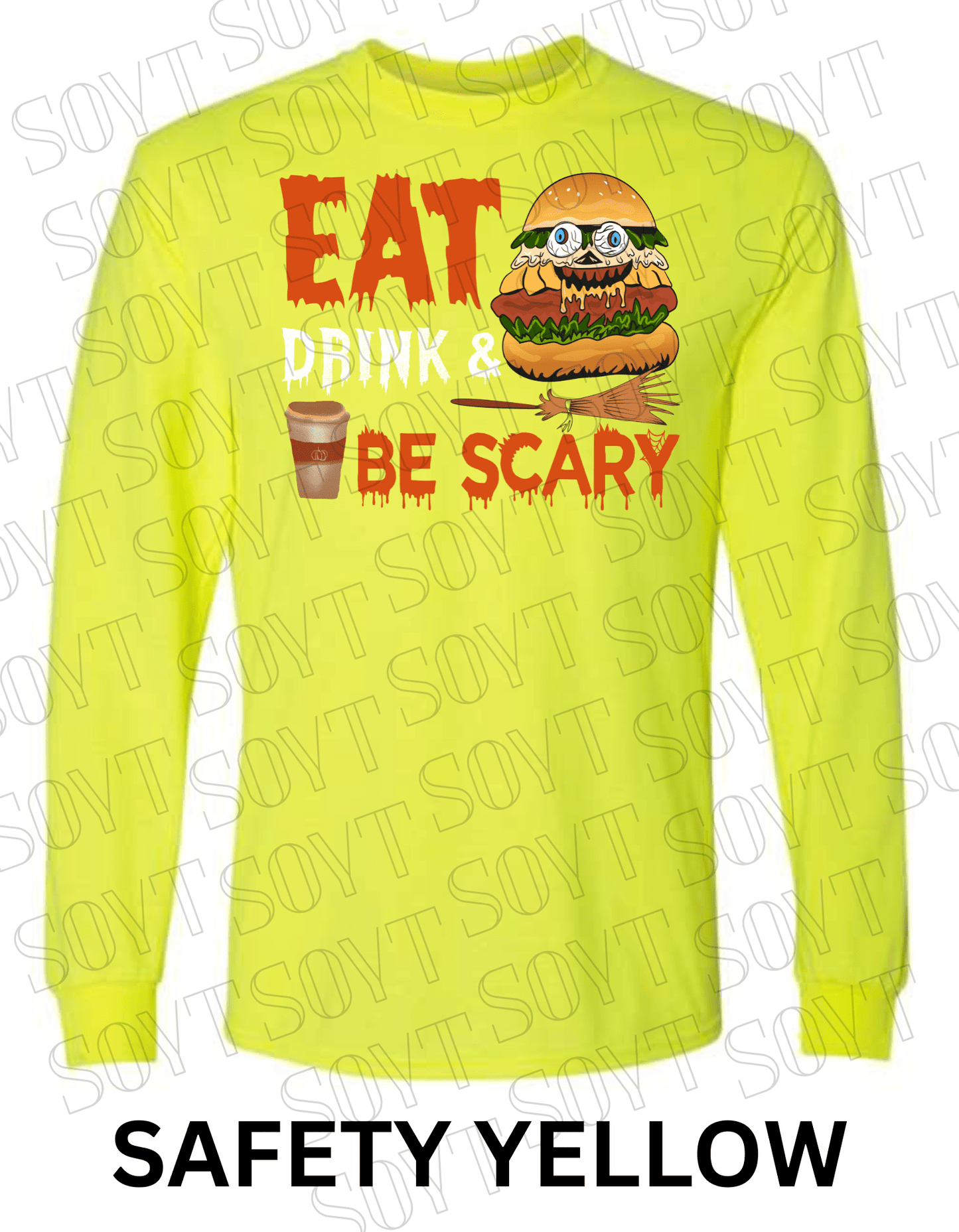 "Eat, Drink & Be Scary" Long Sleeve Halloween Shirt – Funny Zombie Burger Graphic Tee for Fall Food Lovers - Festive Apparel StoreSafety Yellow