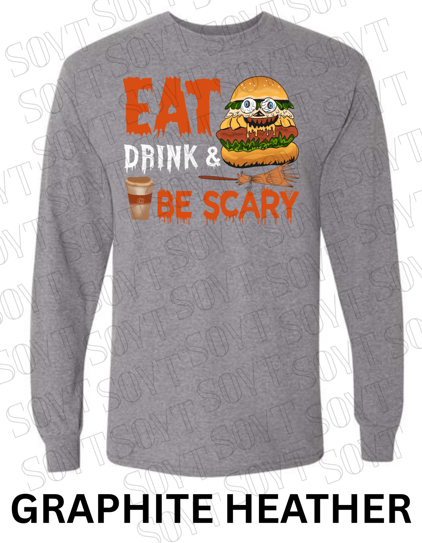 "Eat, Drink & Be Scary" Long Sleeve Halloween Shirt – Funny Zombie Burger Graphic Tee for Fall Food Lovers - Festive Apparel StoreGraphite Heather
