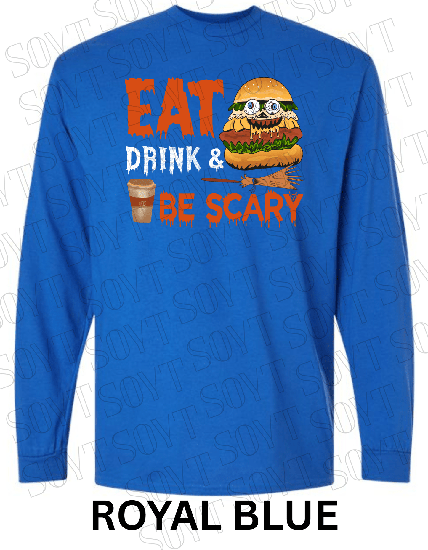 "Eat, Drink & Be Scary" Long Sleeve Halloween Shirt – Funny Zombie Burger Graphic Tee for Fall Food Lovers - Festive Apparel StoreRoyal Blue