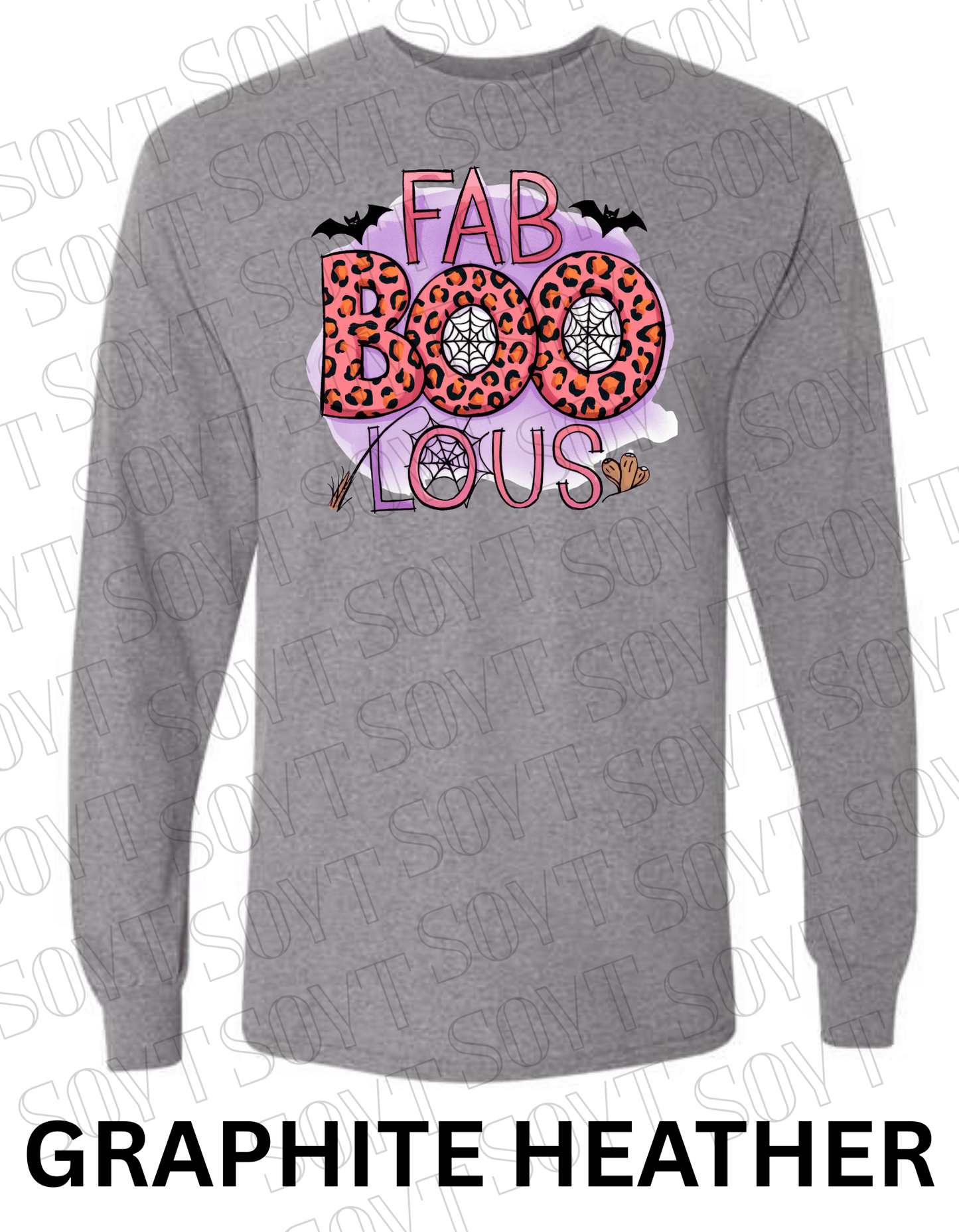 FAB - BOO - LOUS Halloween Long Sleeve Shirt – Leopard BOO, Spider Web & Bat Graphic - Festive Apparel StoreGraphite Heather
