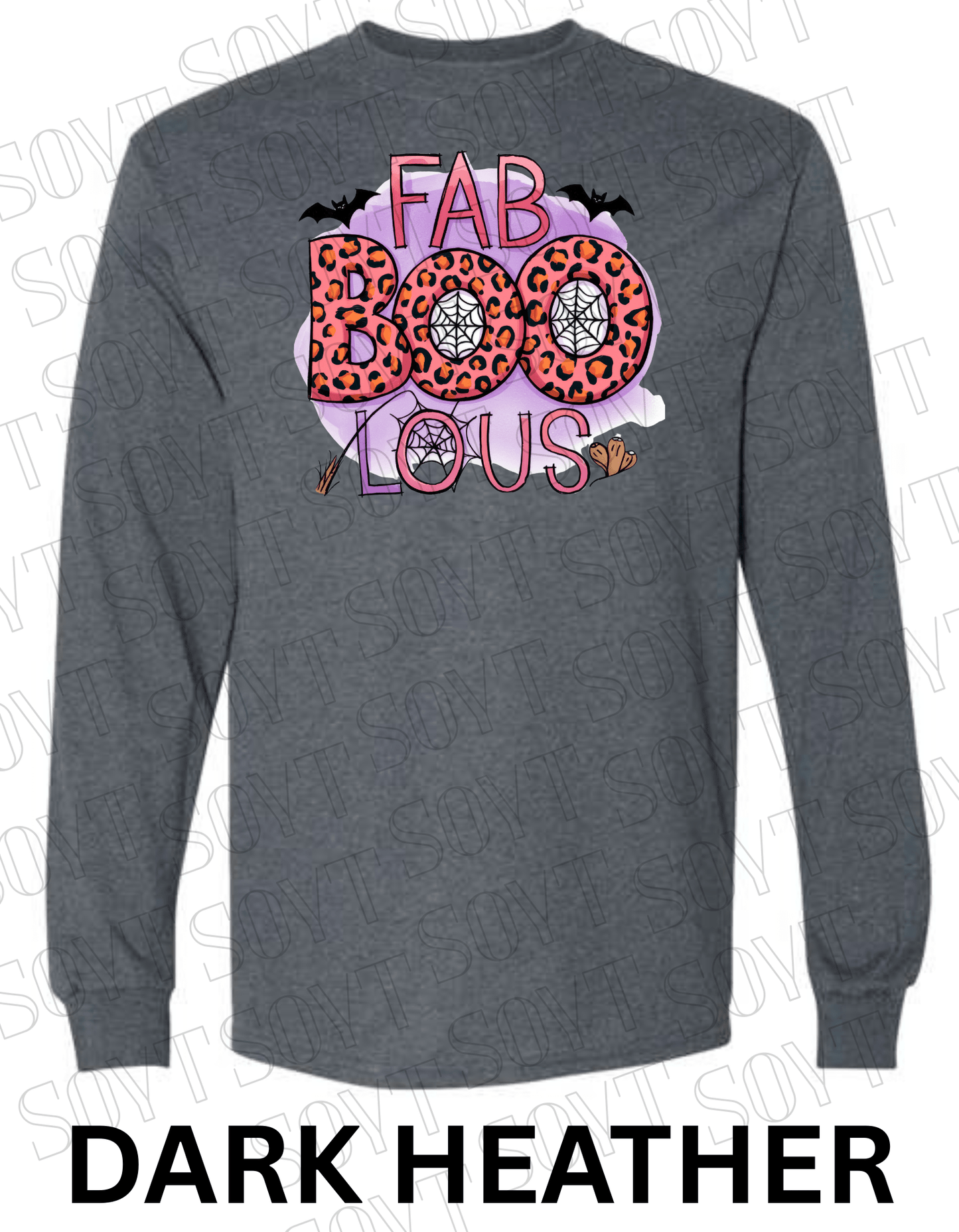 FAB - BOO - LOUS Halloween Long Sleeve Shirt – Leopard BOO, Spider Web & Bat Graphic - Festive Apparel StoreDark Heather