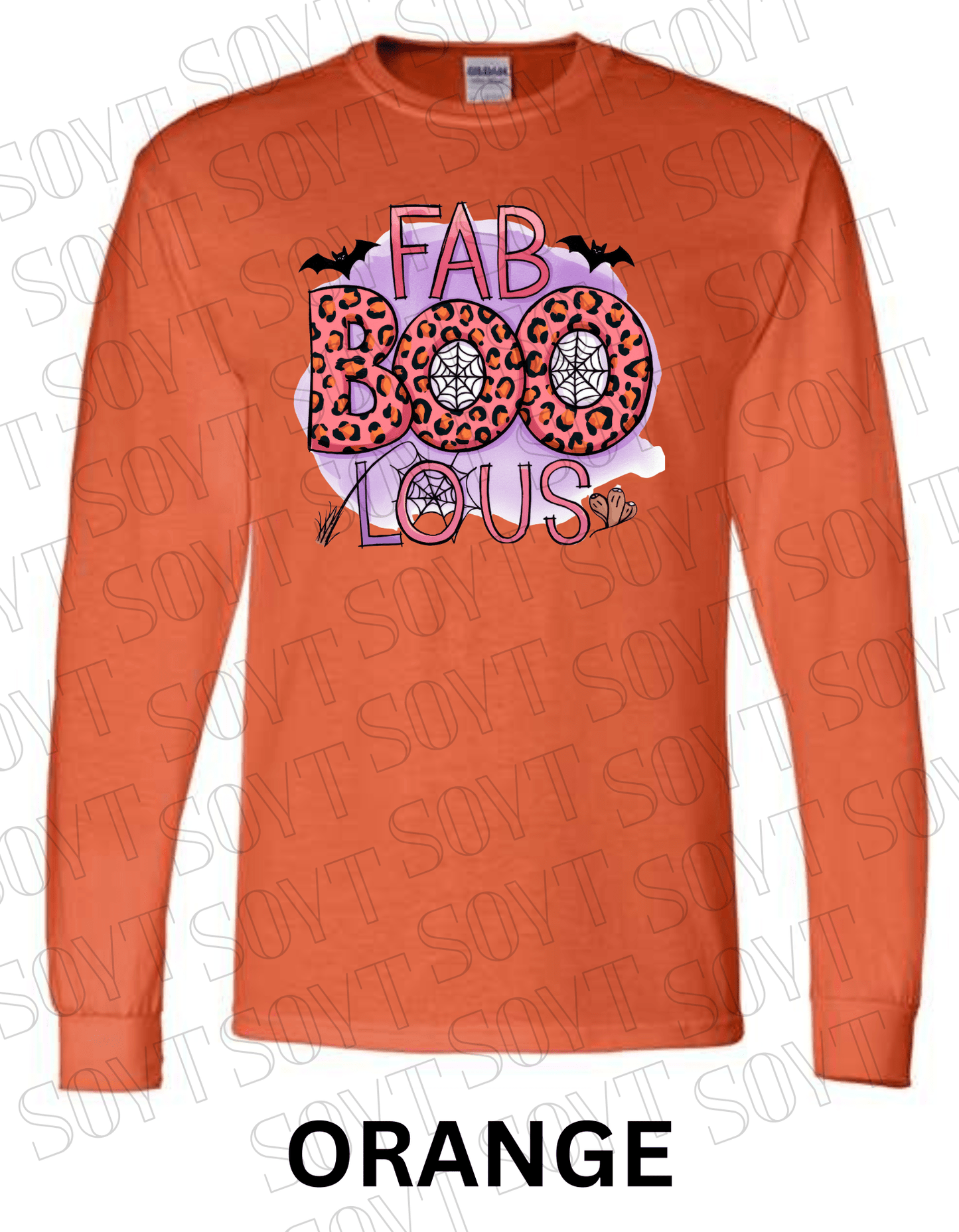 FAB - BOO - LOUS Halloween Long Sleeve Shirt – Leopard BOO, Spider Web & Bat Graphic - Festive Apparel StoreOrange