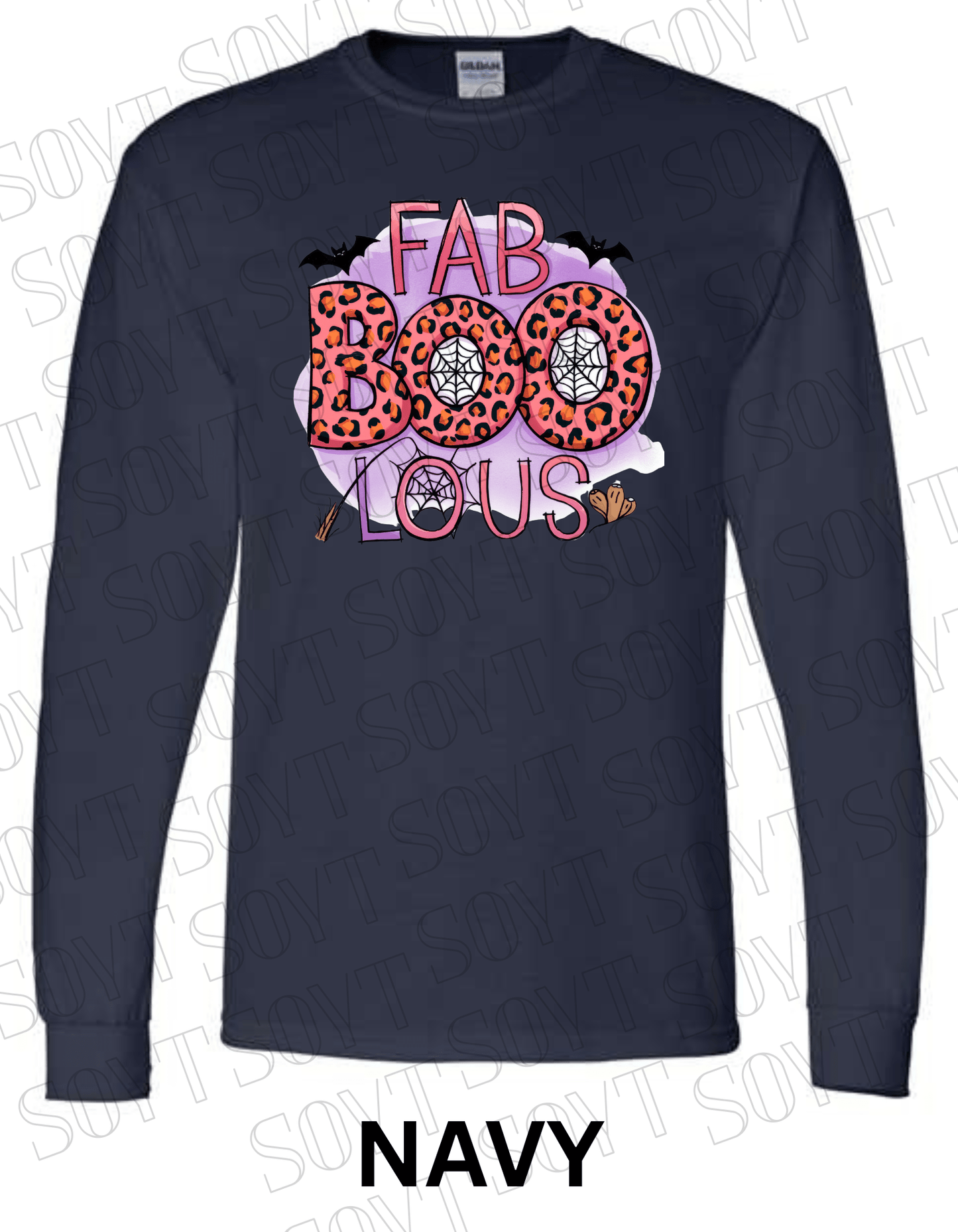 FAB - BOO - LOUS Halloween Long Sleeve Shirt – Leopard BOO, Spider Web & Bat Graphic - Festive Apparel StoreNavy Blue